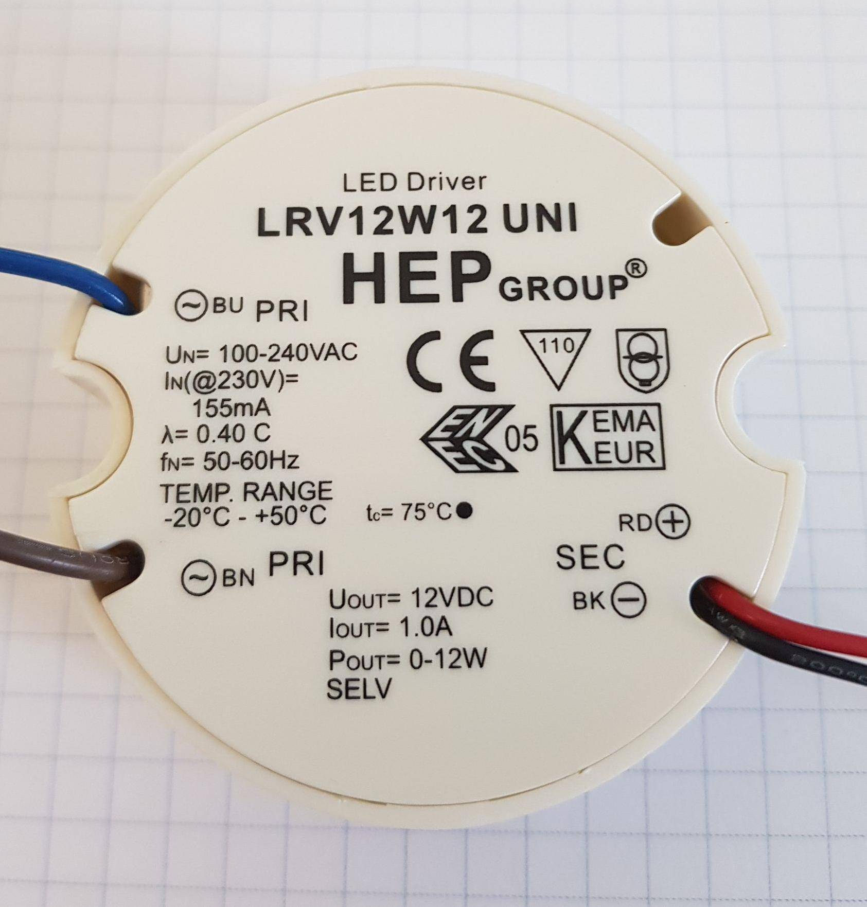 Synergy 21 LED HEP Netzteil für Unterputzdosen, rund, 55x22mm, IP20, CV, 12V DC, 1A, 12W