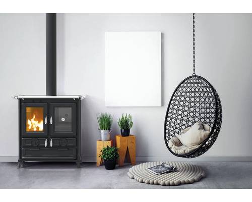 Festbrennstoffherd Thermorossi Klaretta Evo 8,2 kW Easy schwarz mit Backofen rechts und Gusseisen-Kochfeld
