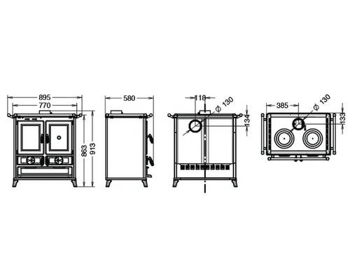 Festbrennstoffherd Thermorossi Klaretta Evo 8,2 kW Easy schwarz mit Backofen rechts und Gusseisen-Kochfeld