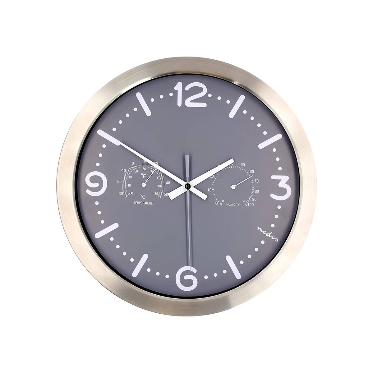 Analoge Wanduhr 30x30 cm leise mit Thermometer Hygrometer Grau