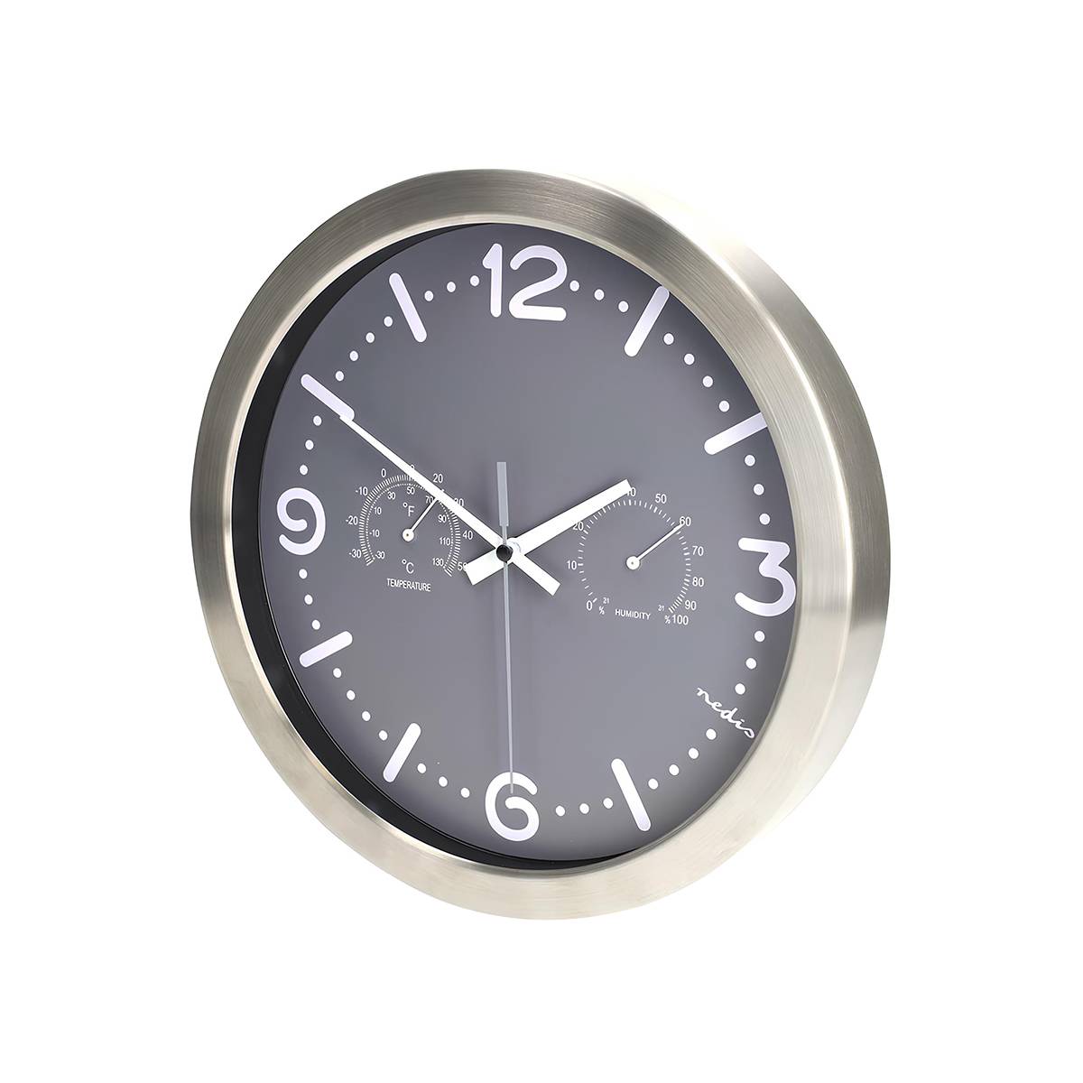 Analoge Wanduhr 30x30 cm leise mit Thermometer Hygrometer Grau
