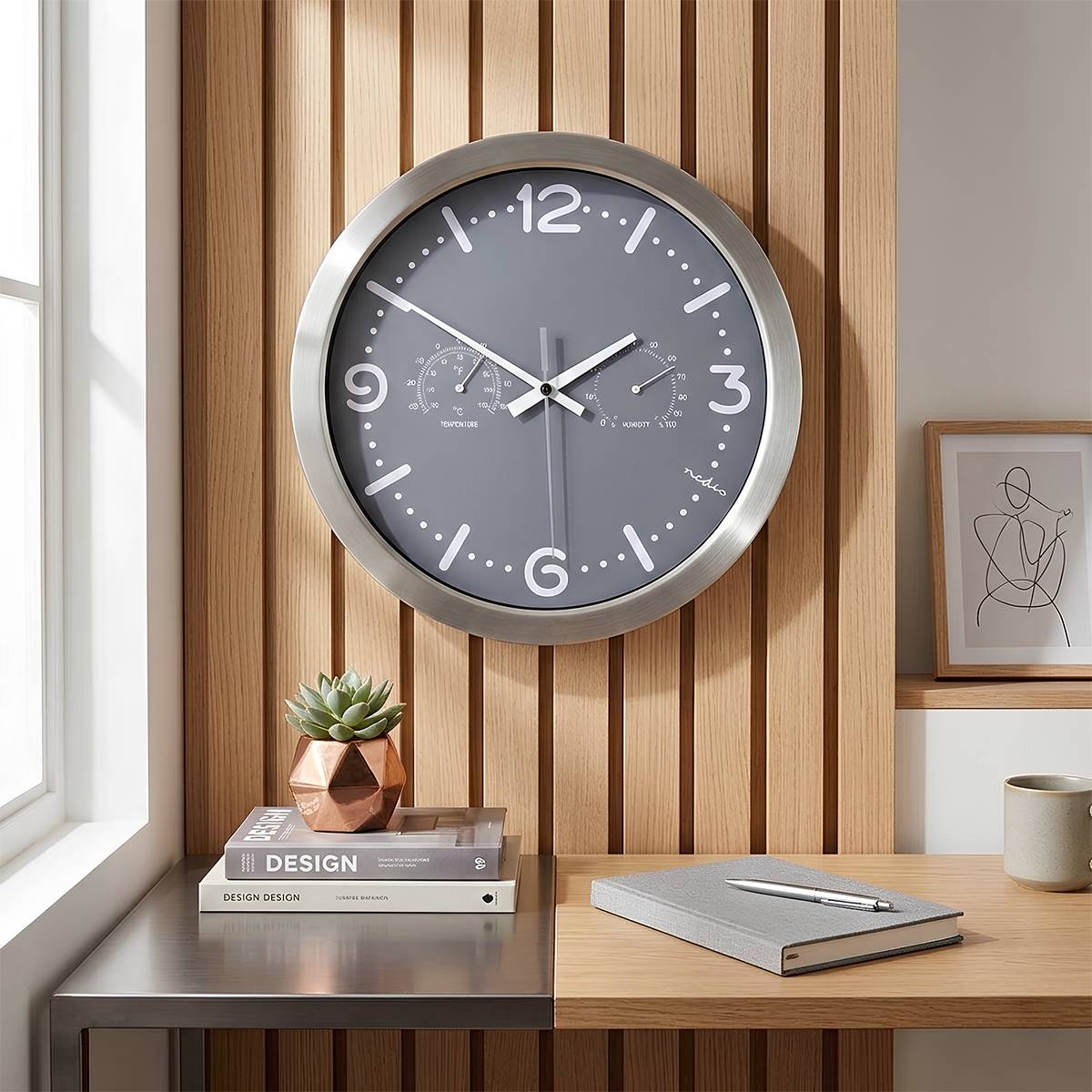 Analoge Wanduhr 30x30 cm leise mit Thermometer Hygrometer Grau