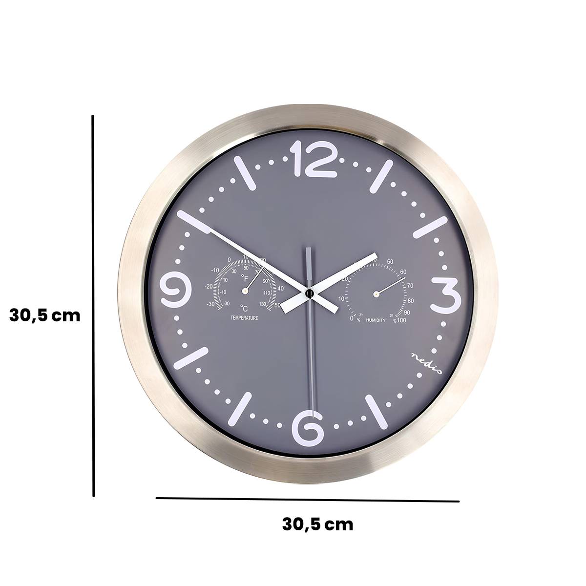 Analoge Wanduhr 30x30 cm leise mit Thermometer Hygrometer Grau