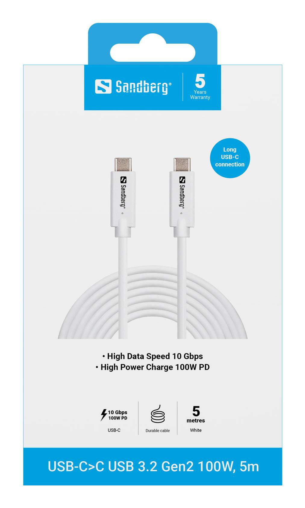 Sandberg 136-76, 5 m, USB C, USB C, USB 3.2 Gen 2 (3.1 Gen 2), 10 Gbit/s, Weiß