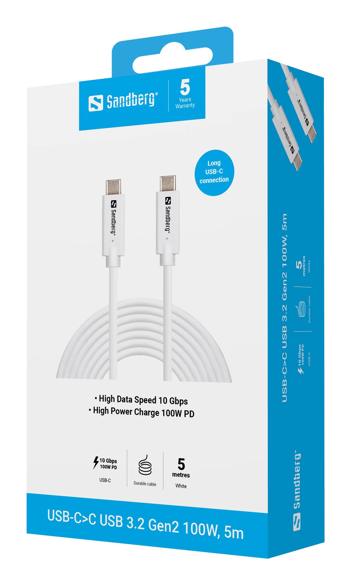 Sandberg 136-76, 5 m, USB C, USB C, USB 3.2 Gen 2 (3.1 Gen 2), 10 Gbit/s, Weiß