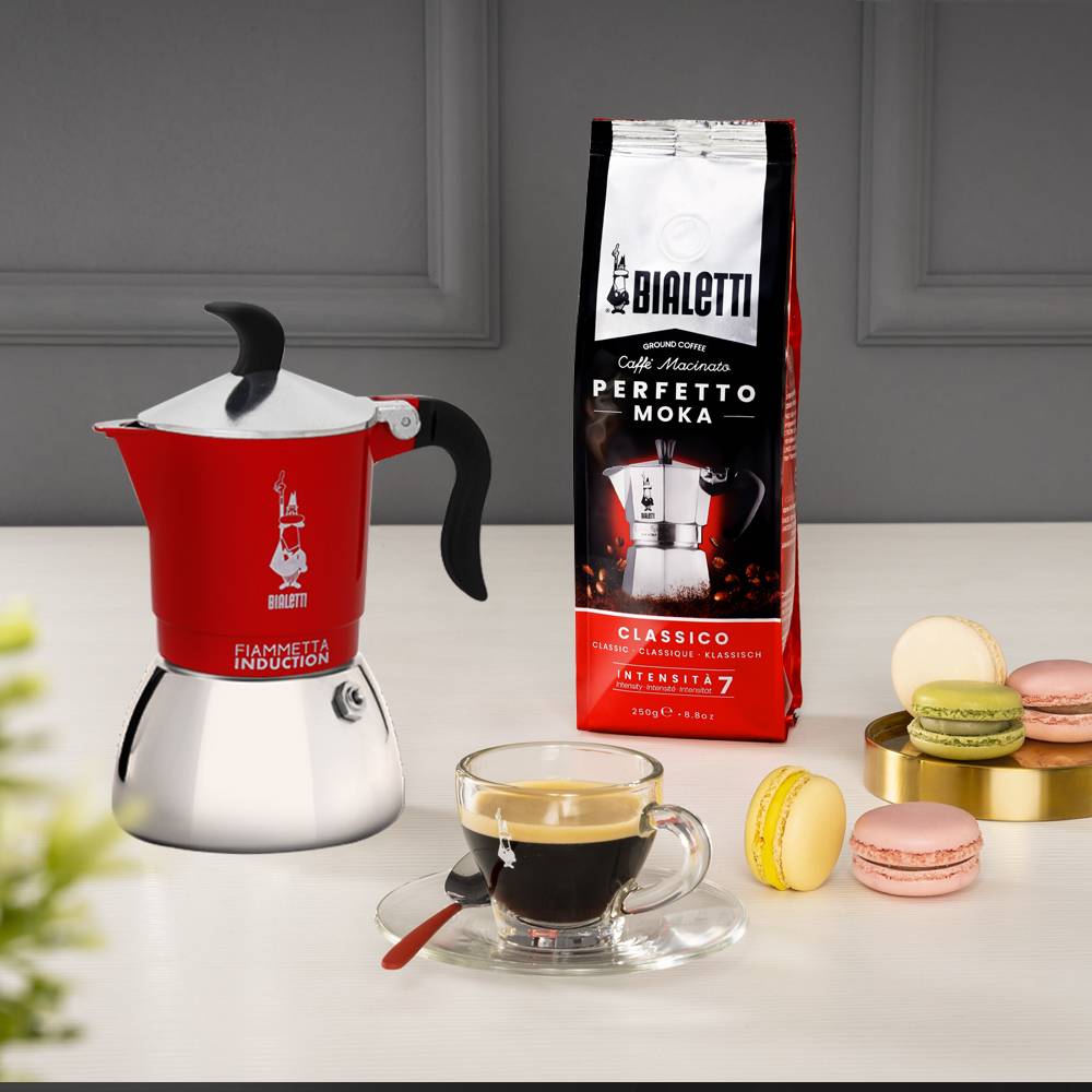 Bialetti Fiammetta Induction, Mokka-Kanne, 0,1 l, Rot, Edelstahl, Aluminium, Stahl, 2 Tassen, Polyamid