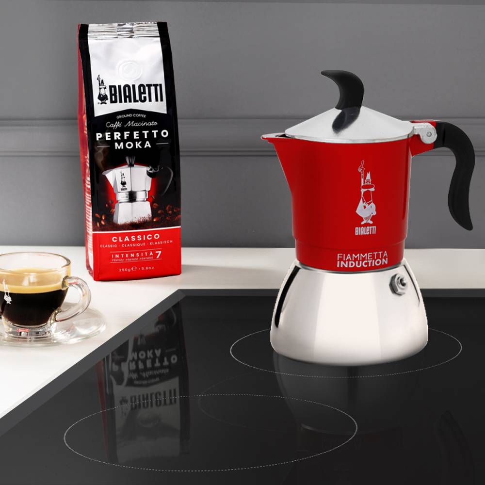 Bialetti Fiammetta Induction, Mokka-Kanne, 0,1 l, Rot, Edelstahl, Aluminium, Stahl, 2 Tassen, Polyamid