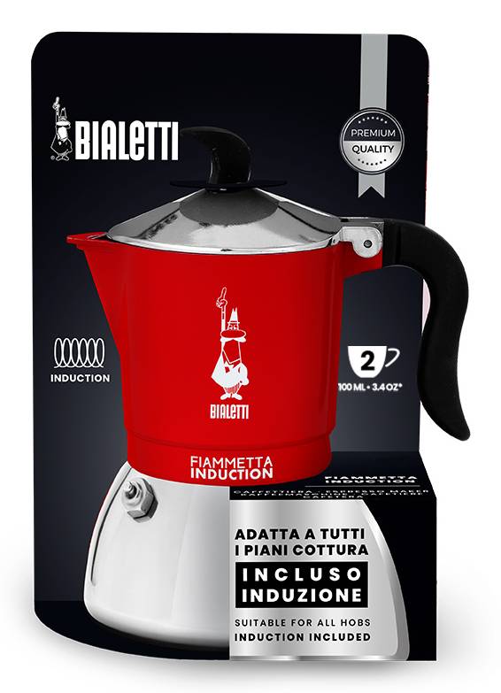 Bialetti Fiammetta Induction, Mokka-Kanne, 0,1 l, Rot, Edelstahl, Aluminium, Stahl, 2 Tassen, Polyamid