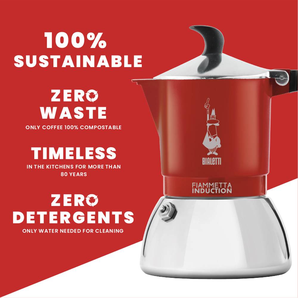 Bialetti Fiammetta Induction, Mokka-Kanne, 0,1 l, Rot, Edelstahl, Aluminium, Stahl, 2 Tassen, Polyamid