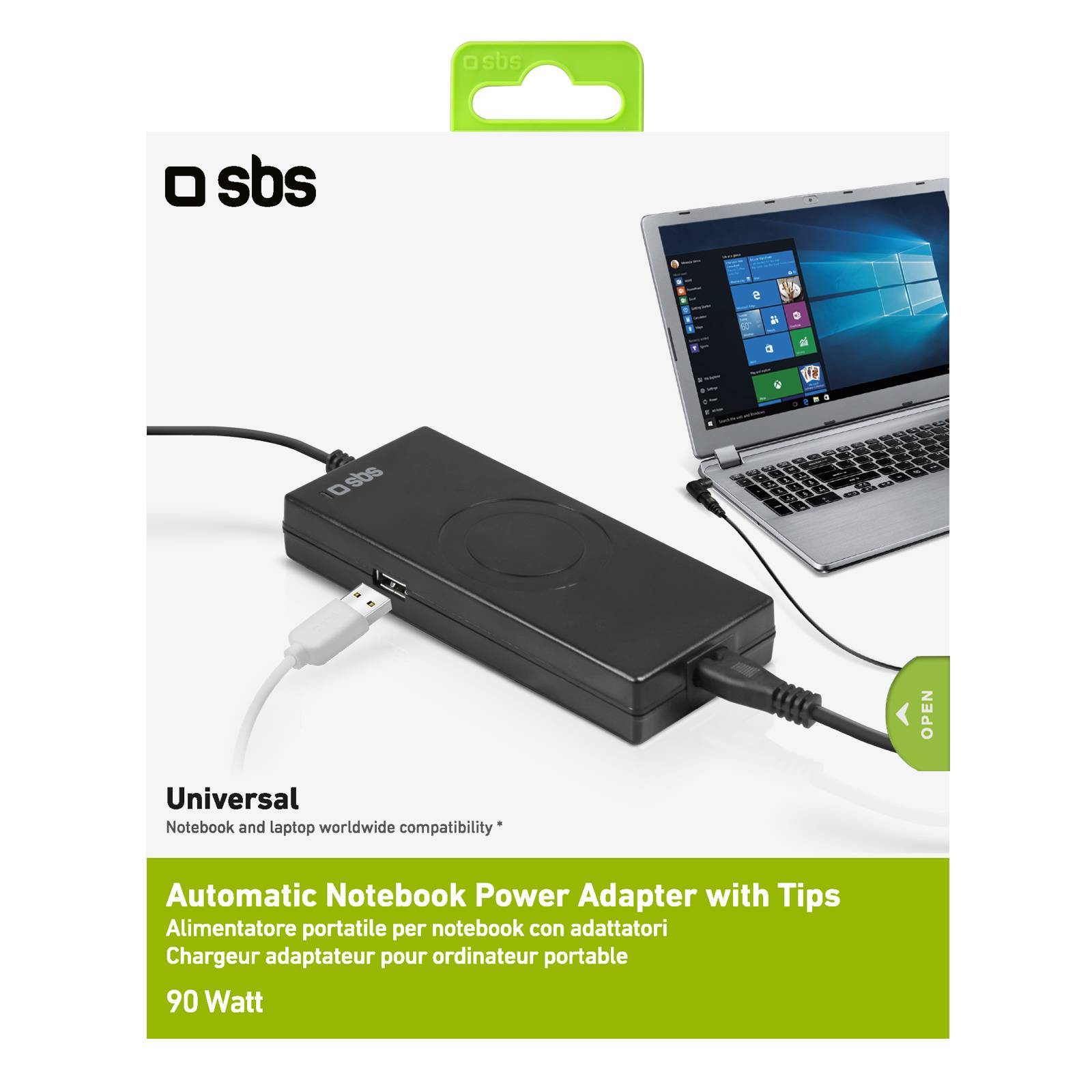 SBS Tragbares Netzteil für Notebooks 90W mit Adaptern - Notebook - Indoor - 90 W