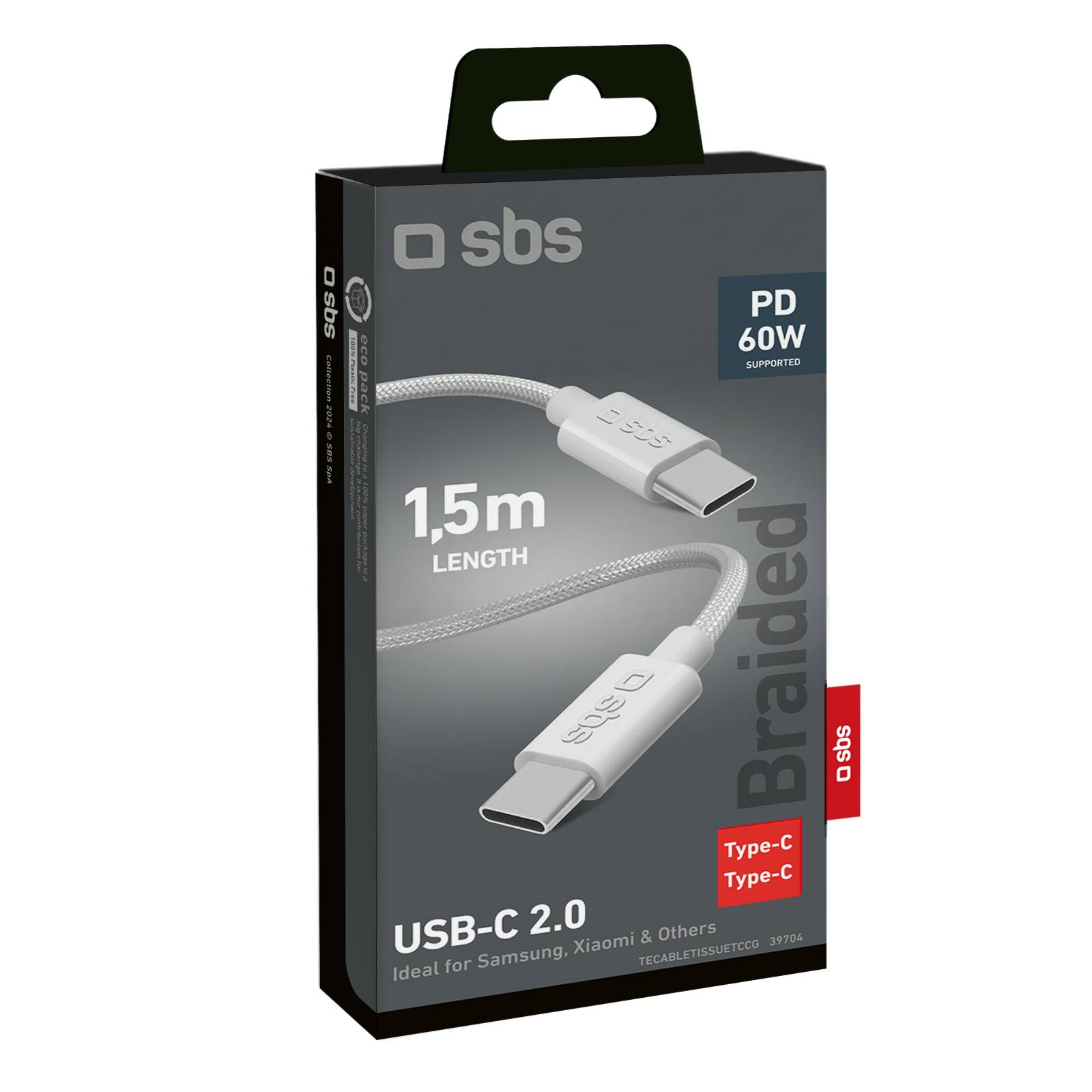 SBS 1,5 m USB C C 2.0 480 Mbit/s Weiß fabric cable with clip 1.5 m