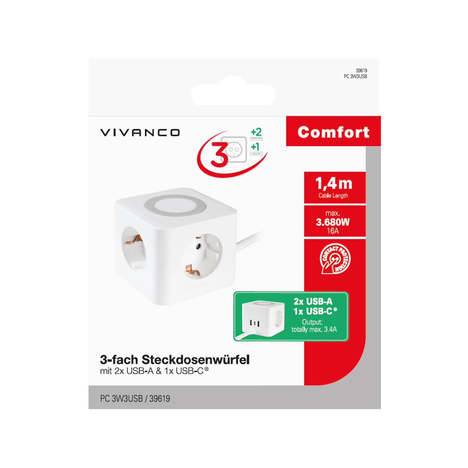3-fach Steckdosenwürfel Kunststoffgehäuse Kabellänge 2 USB-Anschlüsse - Zubehör