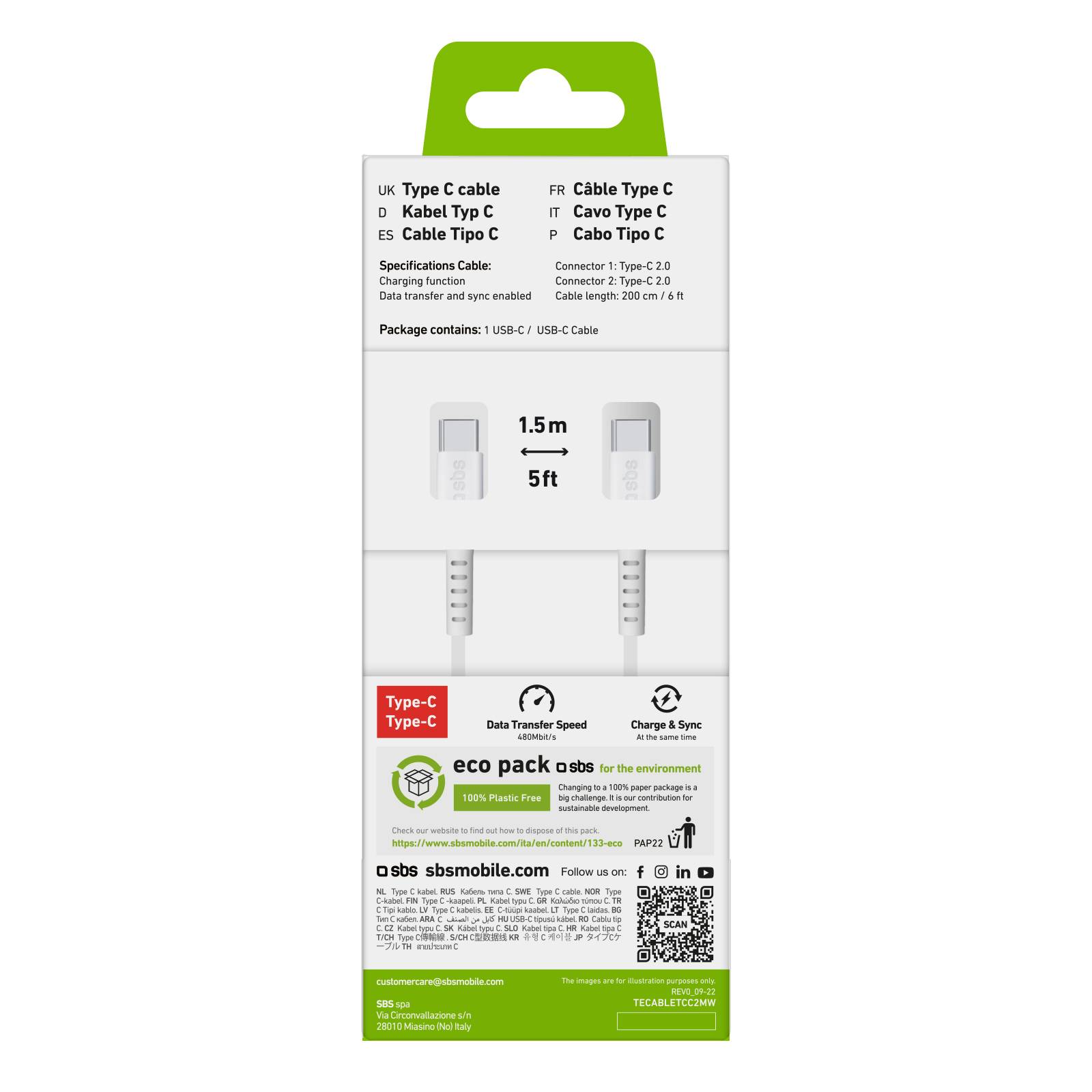 SBS TECABLETCC2MW, 2 m, USB C, USB C, USB 2.0, 480 Mbit/s, Weiß