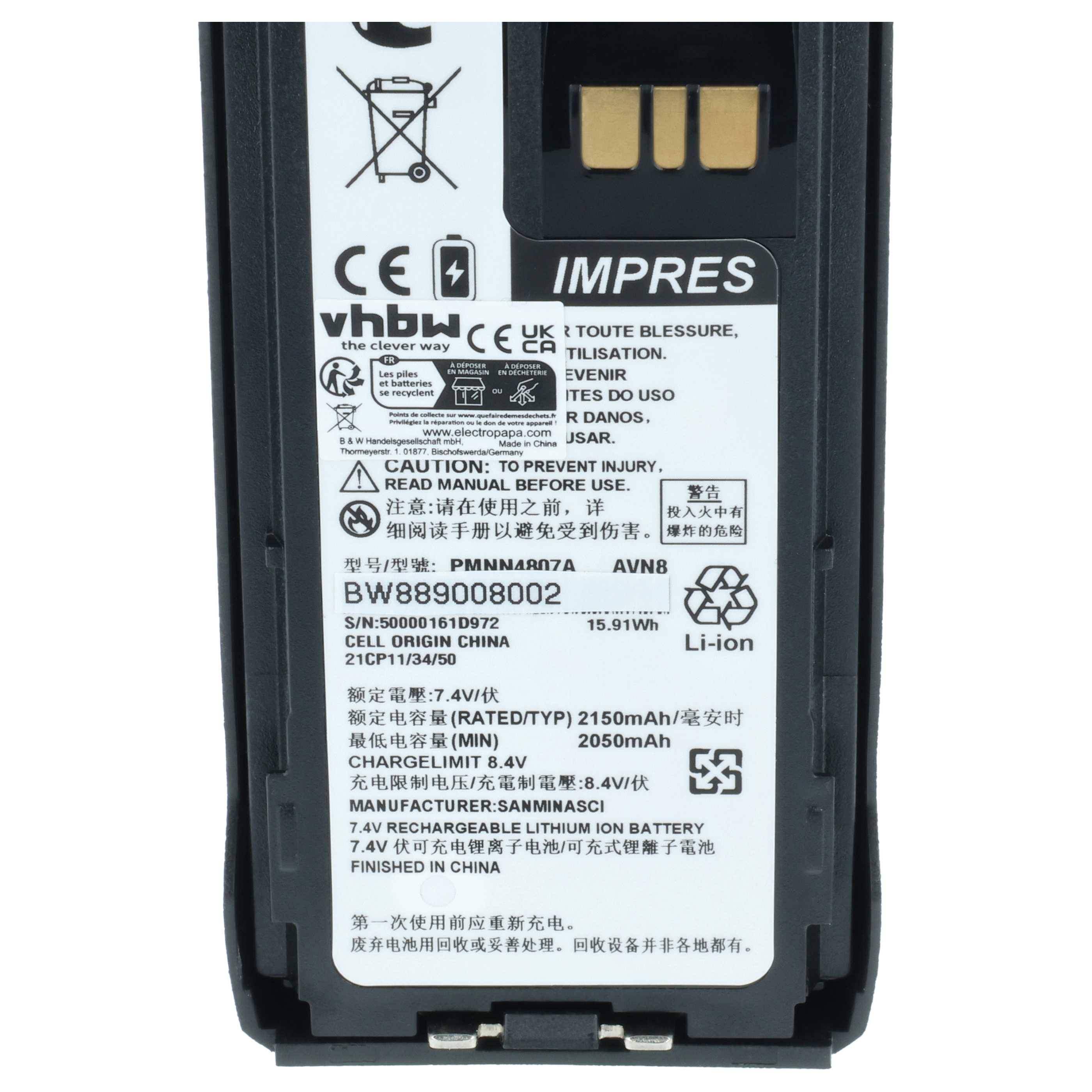 vhbw 2x Akku Ersatz für Motorola PMNN4810A für Funkgerät, Walkie Talkie (2150 mAh, 8,4 V, Li-Ion) + Gürtelclip