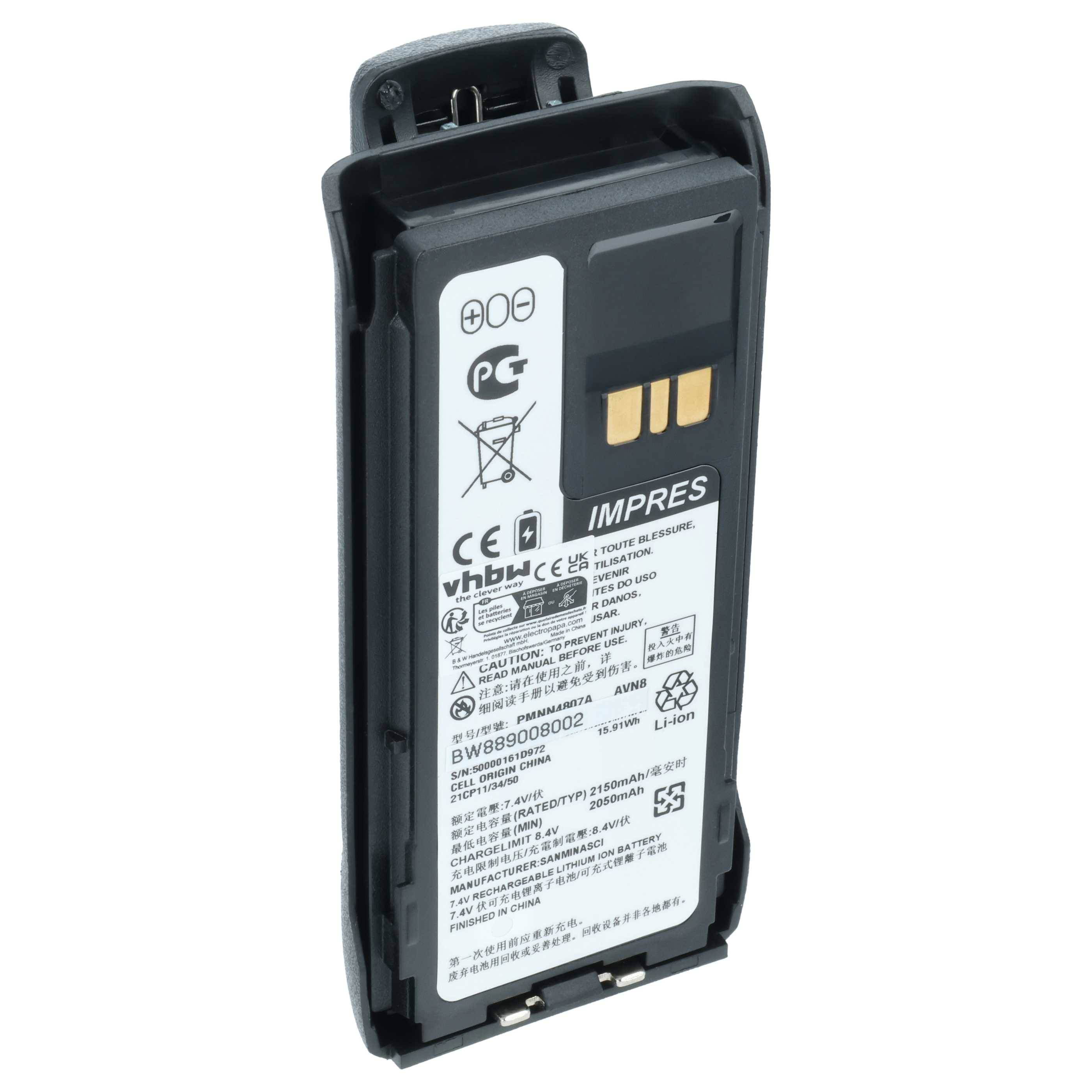 vhbw Akku kompatibel mit Motorola R7a, R7 Funkgerät, Walkie Talkie (2150 mAh, 8,4 V, Li-Ion) + Gürtelclip