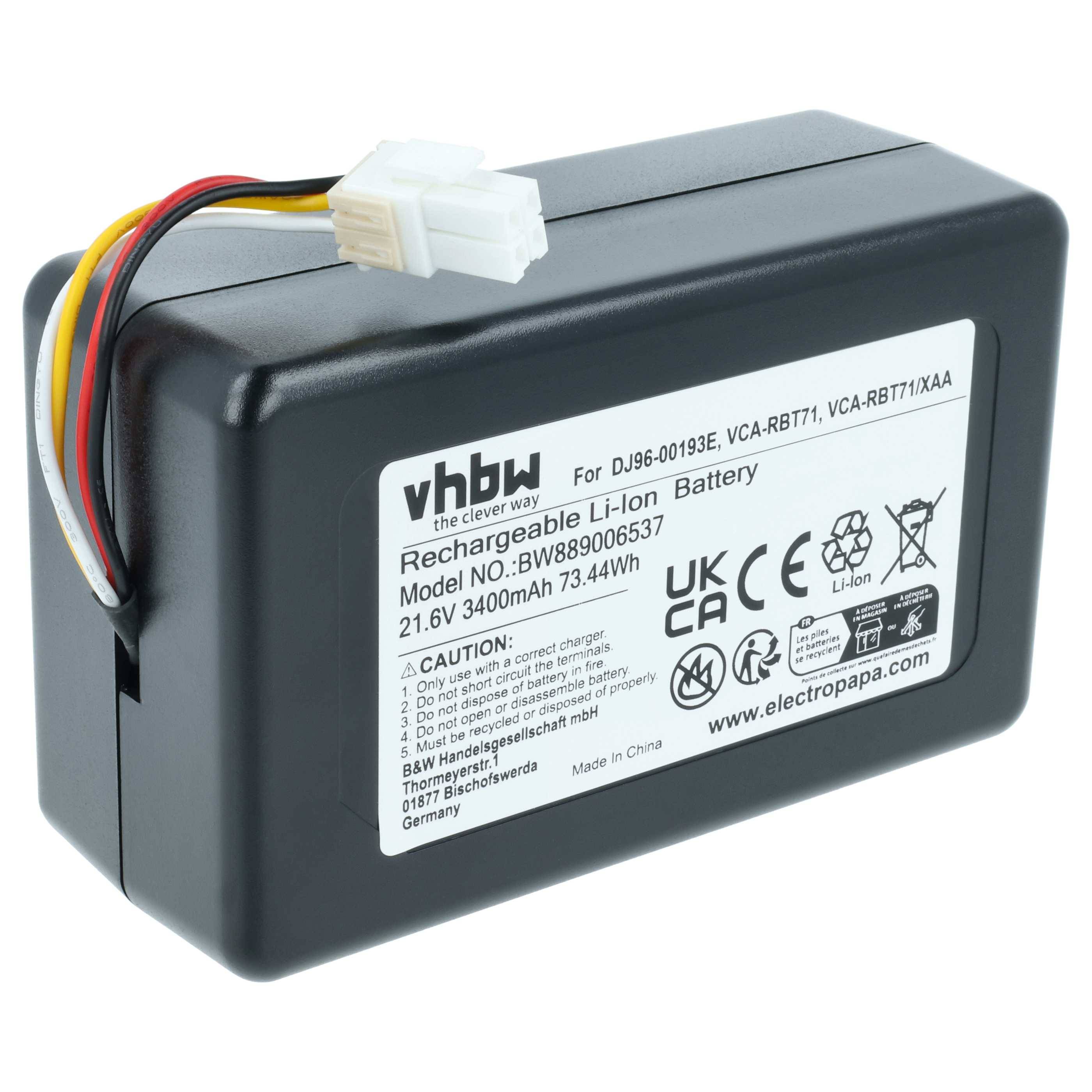 vhbw Akku kompatibel mit Samsung Powerbot VR2AK9350WK, VR1AM7040WG/AA, VR1AM7040WG / AA Saugroboter (3,4 Ah, 21,6 V