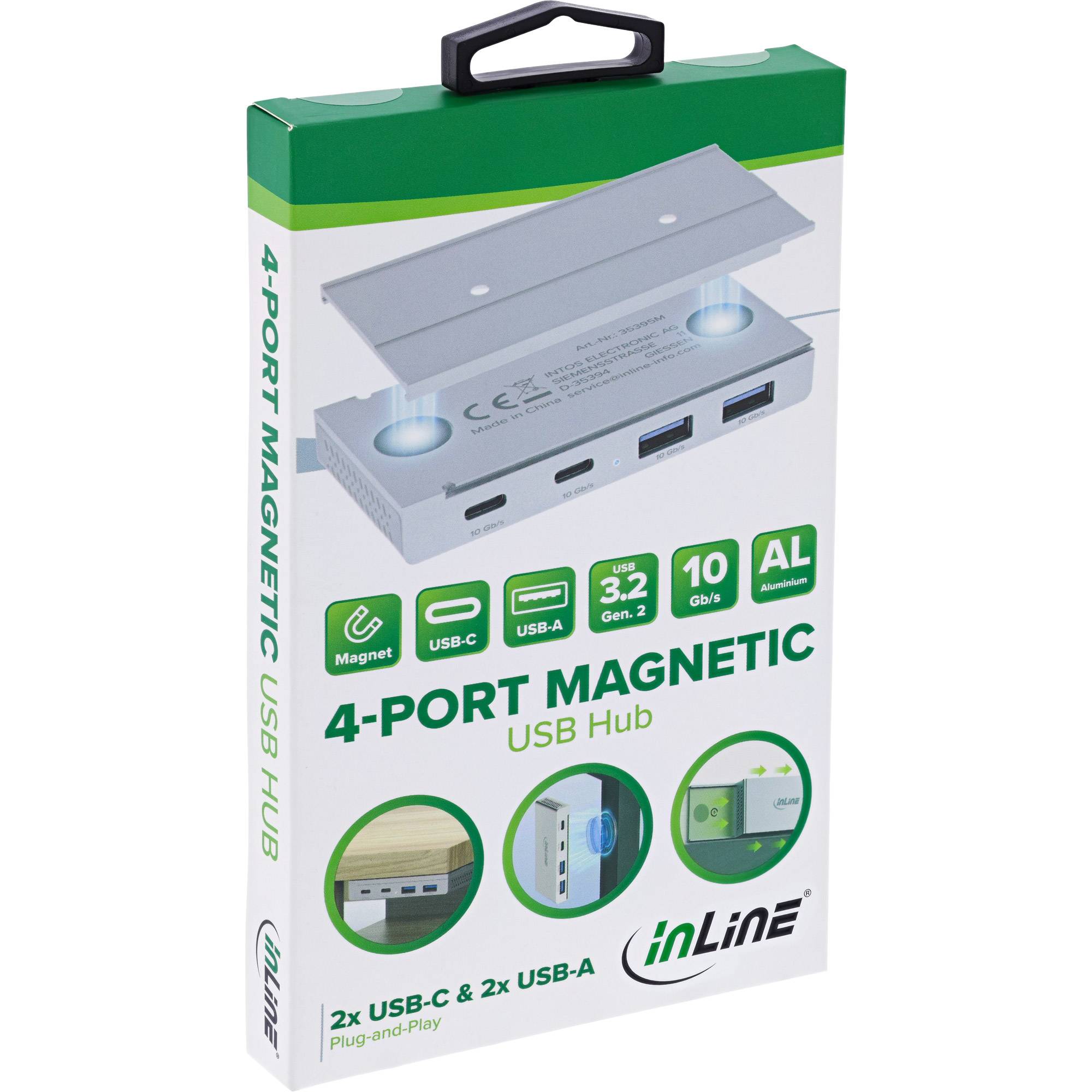 InLine 4-Port Magnetic USB Hub, 2x USB-C, 2x USB-A, 10Gb/s, aluminium housing