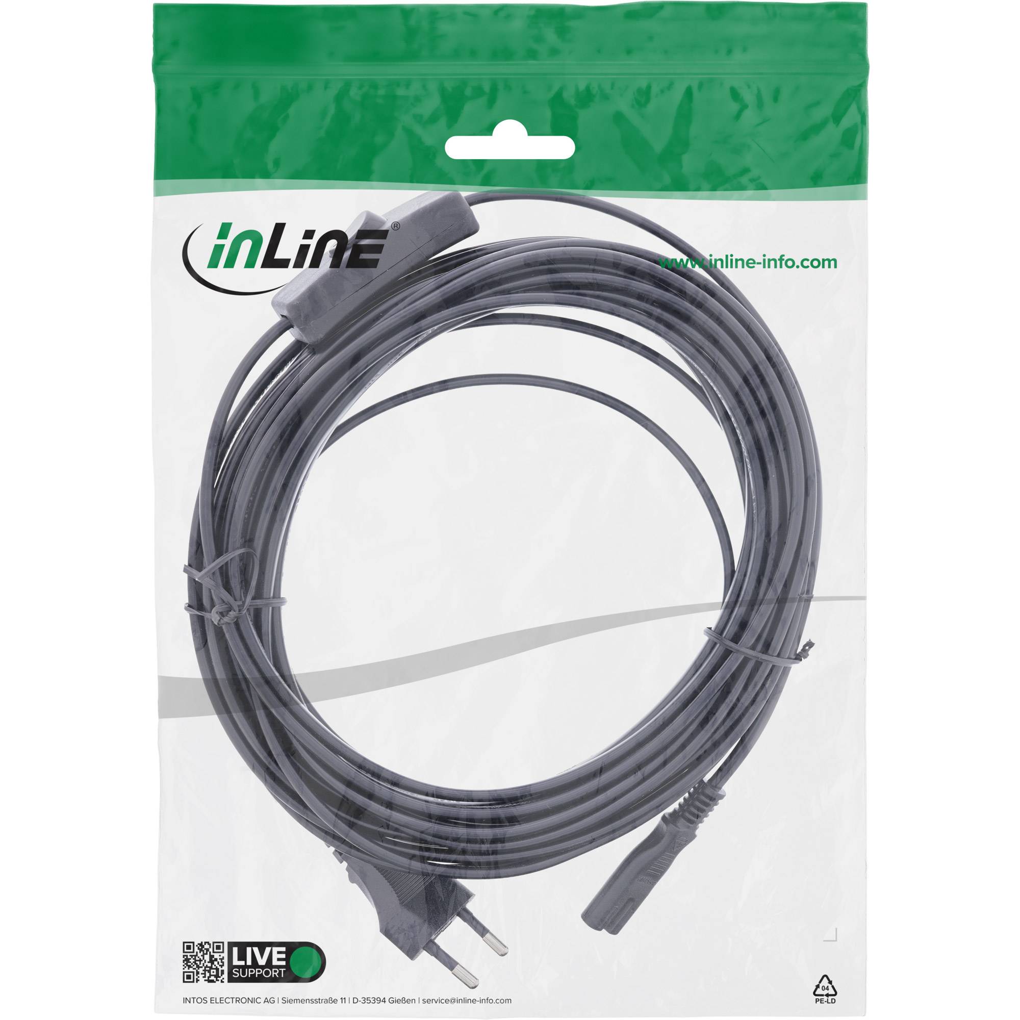 InLine® Euro Netzkabel mit Schalter, CEE7/16 zu IEC-C7, schwarz, 10m Kabel Stromkabel extern 8