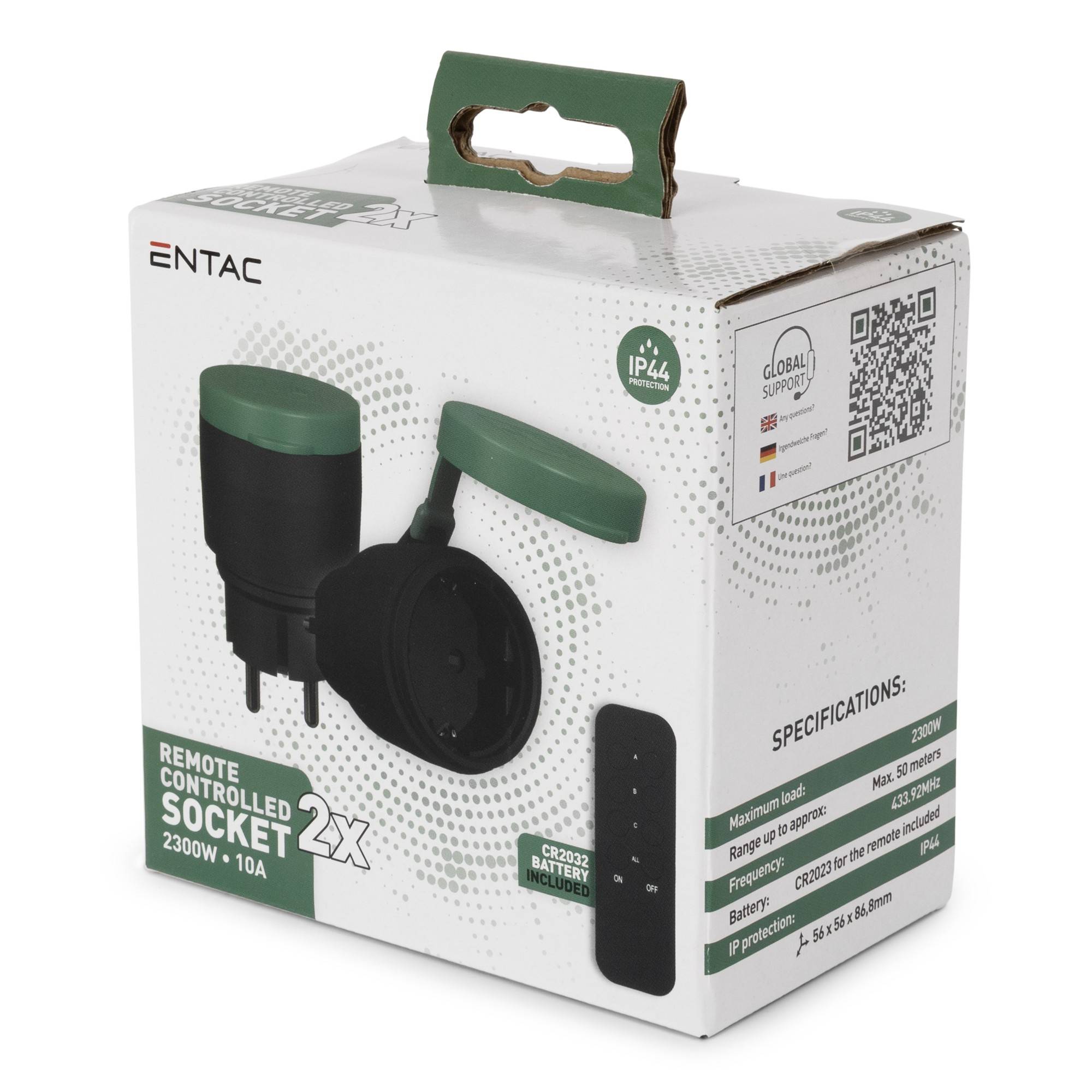 Entac Ferngesteuerte IP44-Steckdose, 2er-Set IP44-Steckdosen mit RC, Gerade, 10 A, Grün, Schwarz, 2300 W, 50 m, 56 mm