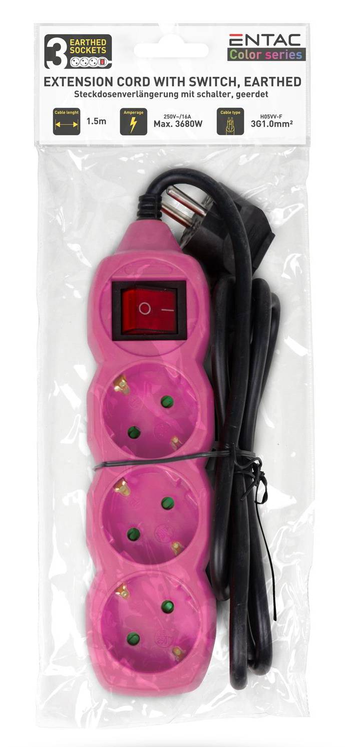 ENTAC Steckdosenleiste 3fach Schalter pink - Steckdosenleiste