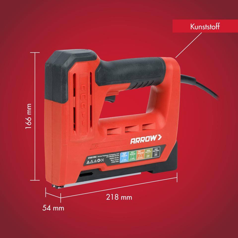 Arrow Elektrotacker ET501F, 4 in 1 Tacker für Tackerklammern, Kabelklammern und Nägel
