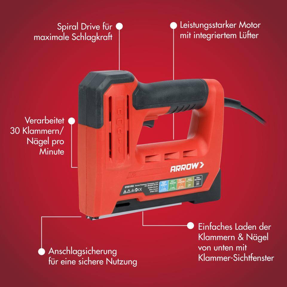 Arrow Elektrotacker ET501F, 4 in 1 Tacker für Tackerklammern, Kabelklammern und Nägel