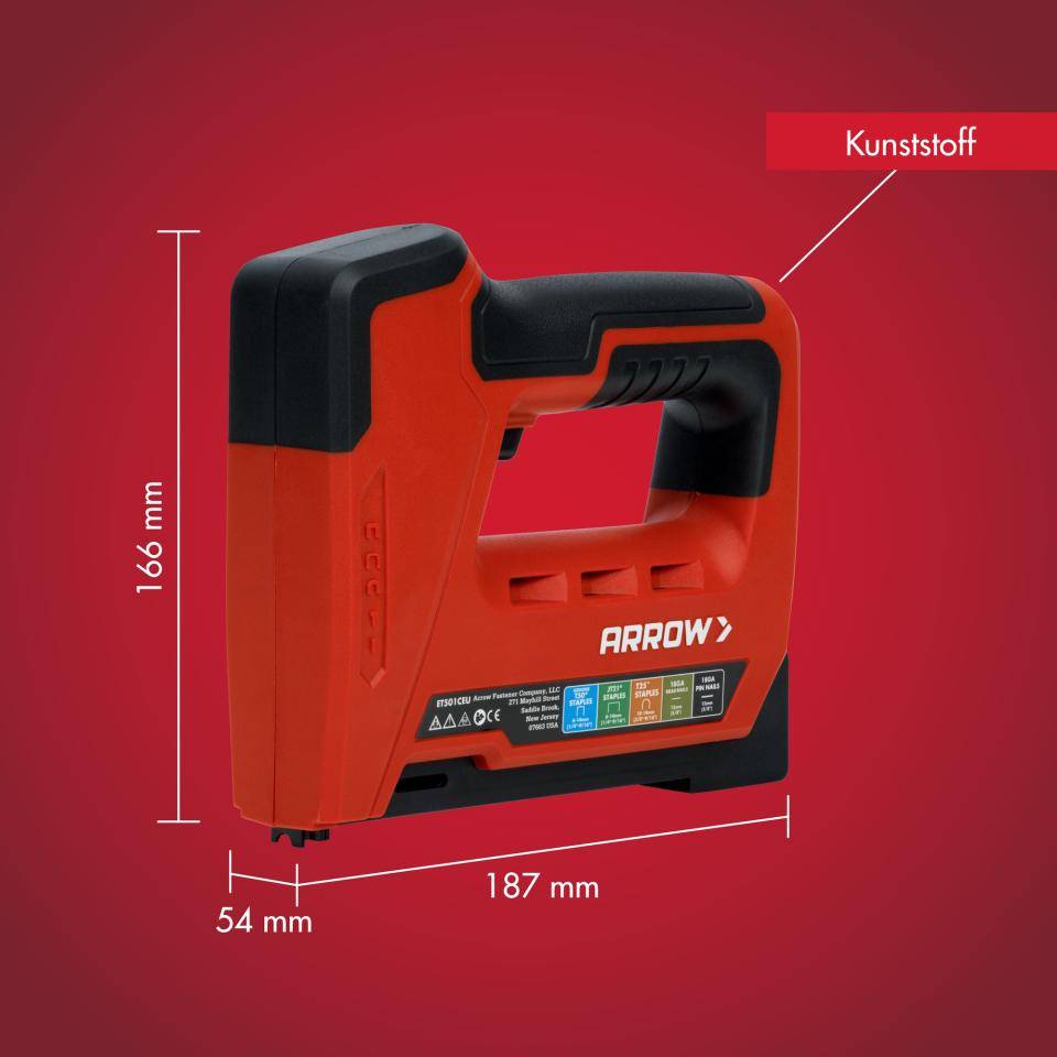 Arrow Akkutacker ET501C, 4 in 1 Elektrotacker für Tackerklammern, Kabelklammern und Nägel
