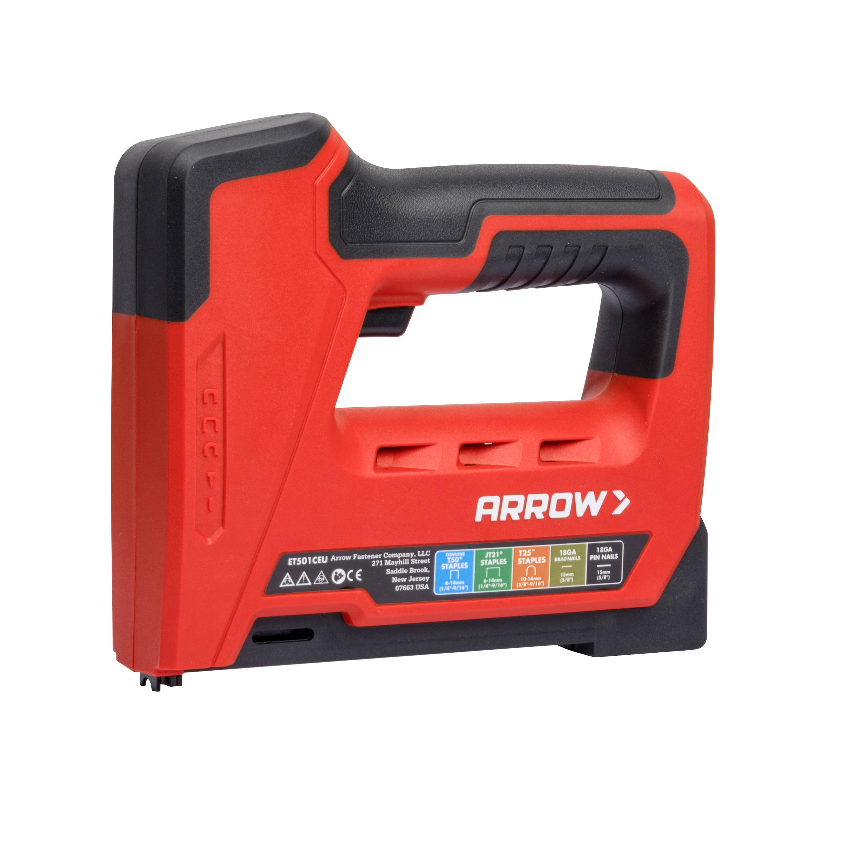 Arrow Akkutacker ET501C, 4 in 1 Elektrotacker für Tackerklammern, Kabelklammern und Nägel