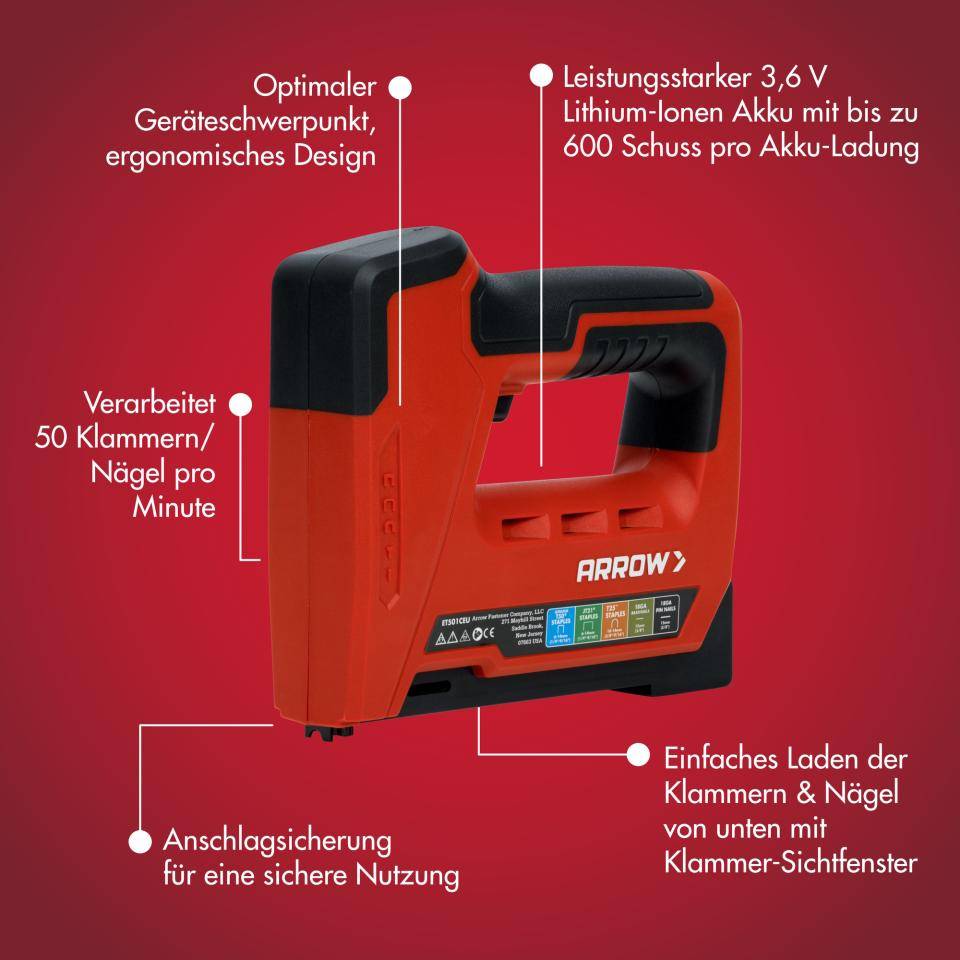 Arrow Akkutacker ET501C, 4 in 1 Elektrotacker für Tackerklammern, Kabelklammern und Nägel