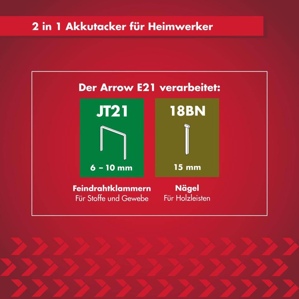 Arrow Akkutacker E21, Elektrotacker für Feindrahtklammern und Nägel