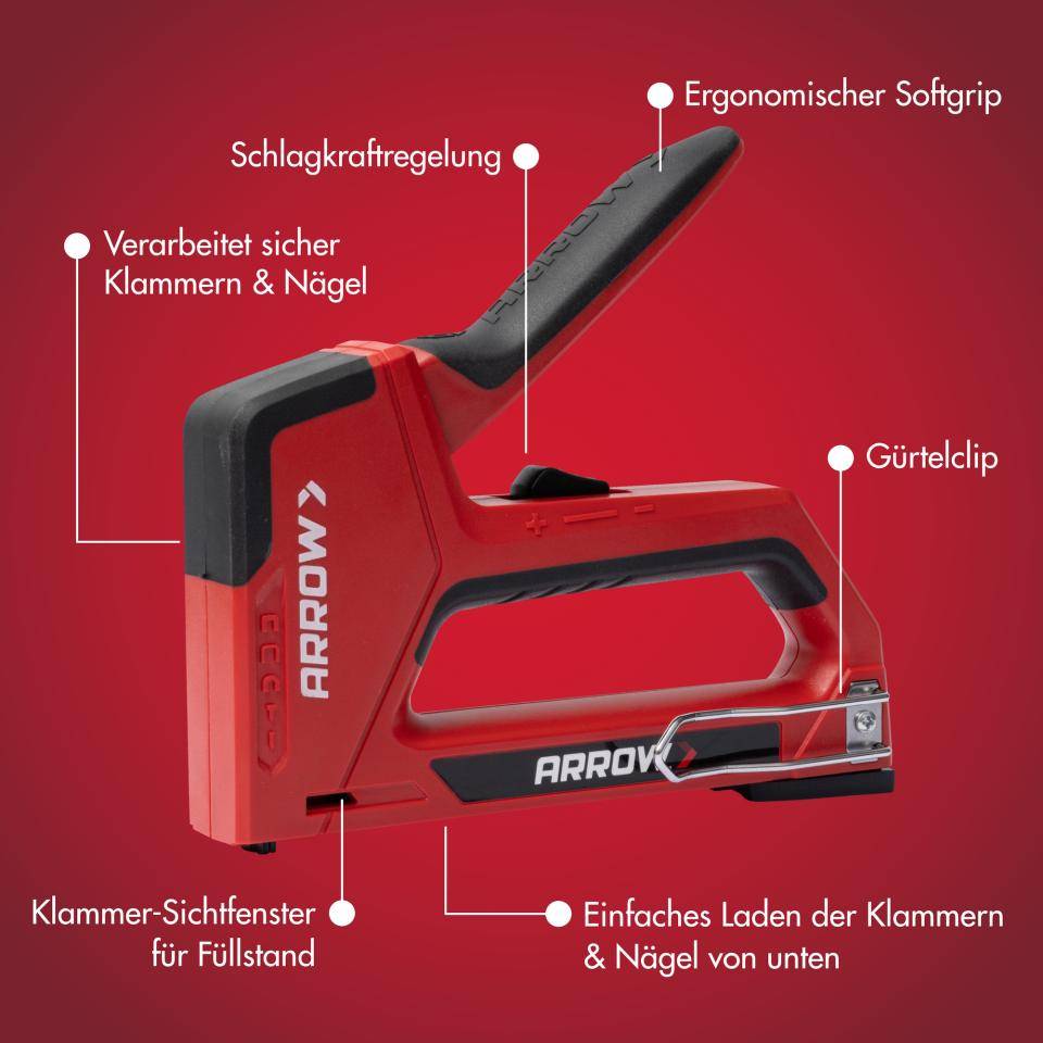 Arrow Handtacker T501, für Flachdrahtklammern, Feindrahtklammern, Kabelklammern und Nägel