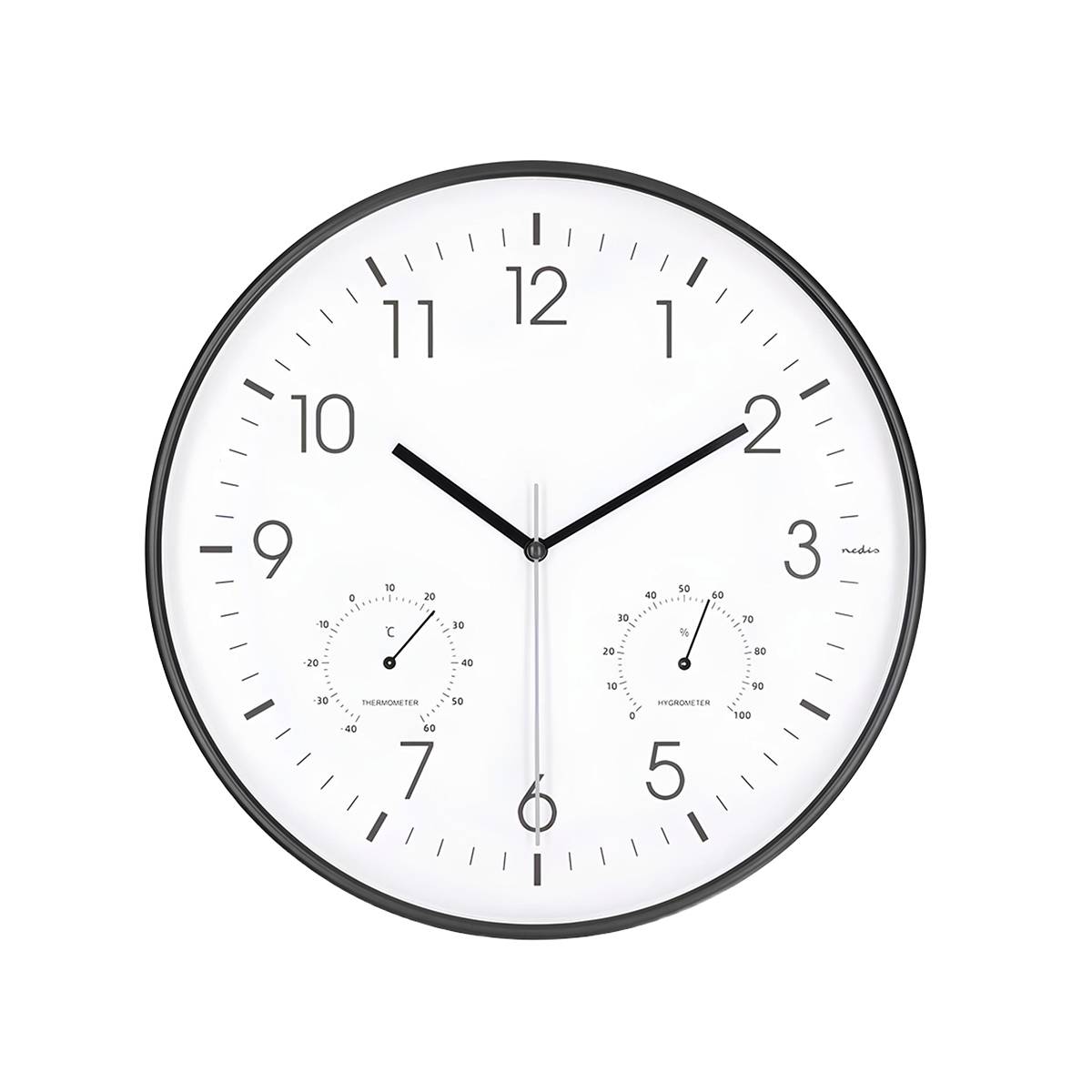 Wanduhr 30 cm mit Thermometer Hygrometer geräuschlos Weiß-Schwarz