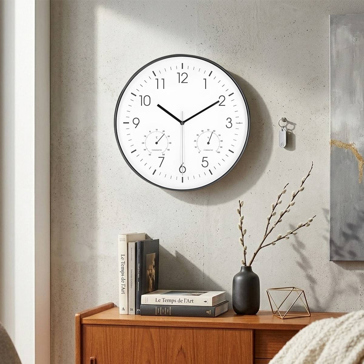 Wanduhr 30 cm mit Thermometer Hygrometer geräuschlos Weiß-Schwarz