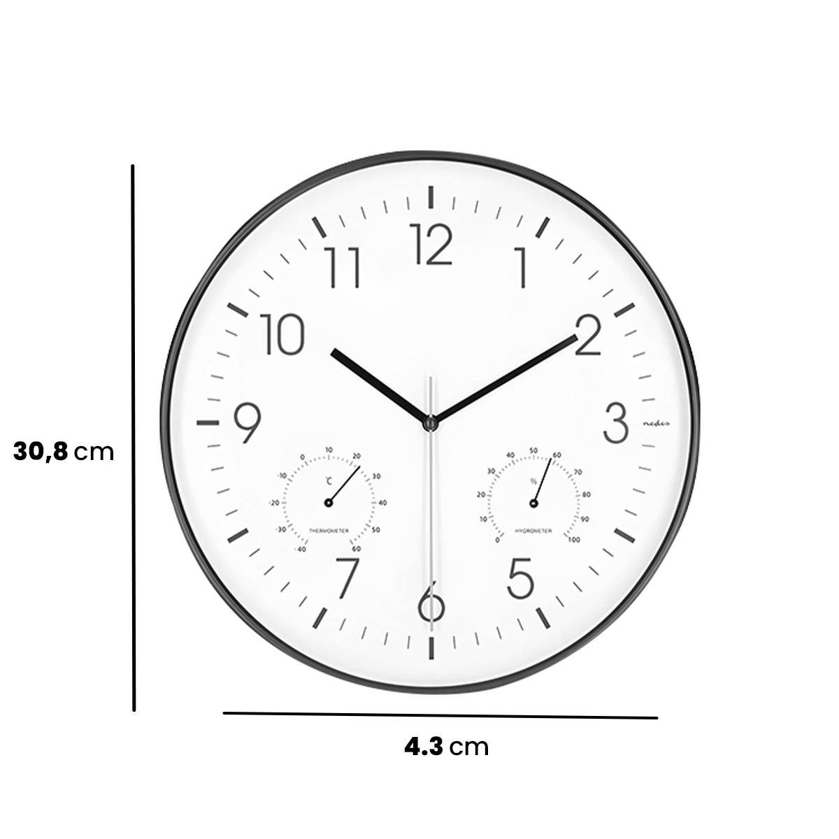 Wanduhr 30 cm mit Thermometer Hygrometer geräuschlos Weiß-Schwarz