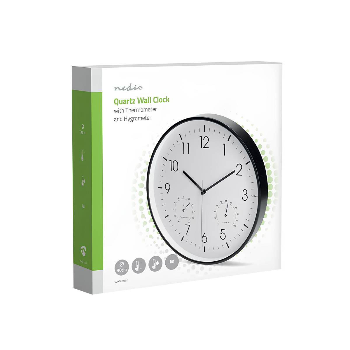 Wanduhr 30 cm mit Thermometer Hygrometer geräuschlos Weiß-Schwarz