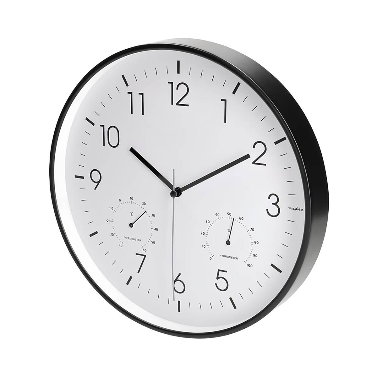 Wanduhr 30 cm mit Thermometer Hygrometer geräuschlos Weiß-Schwarz