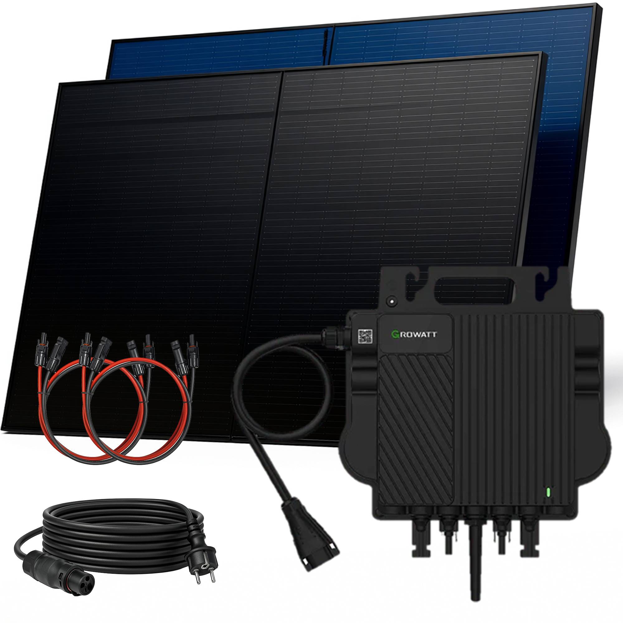 1000W Balkonkraftwerk BIFAZIAL FULLBLACK komplett Steckdose GROWATT 800W Wechselrichter, Solaranlage 2x500W Glas-Glas