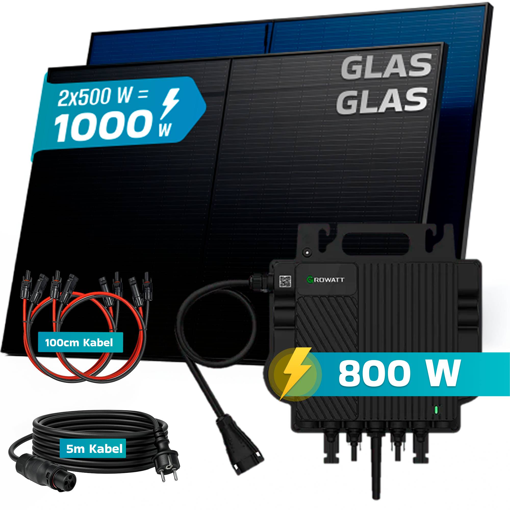 1000W Balkonkraftwerk BIFAZIAL FULLBLACK komplett Steckdose GROWATT 800W Wechselrichter, Solaranlage 2x500W Glas-Glas
