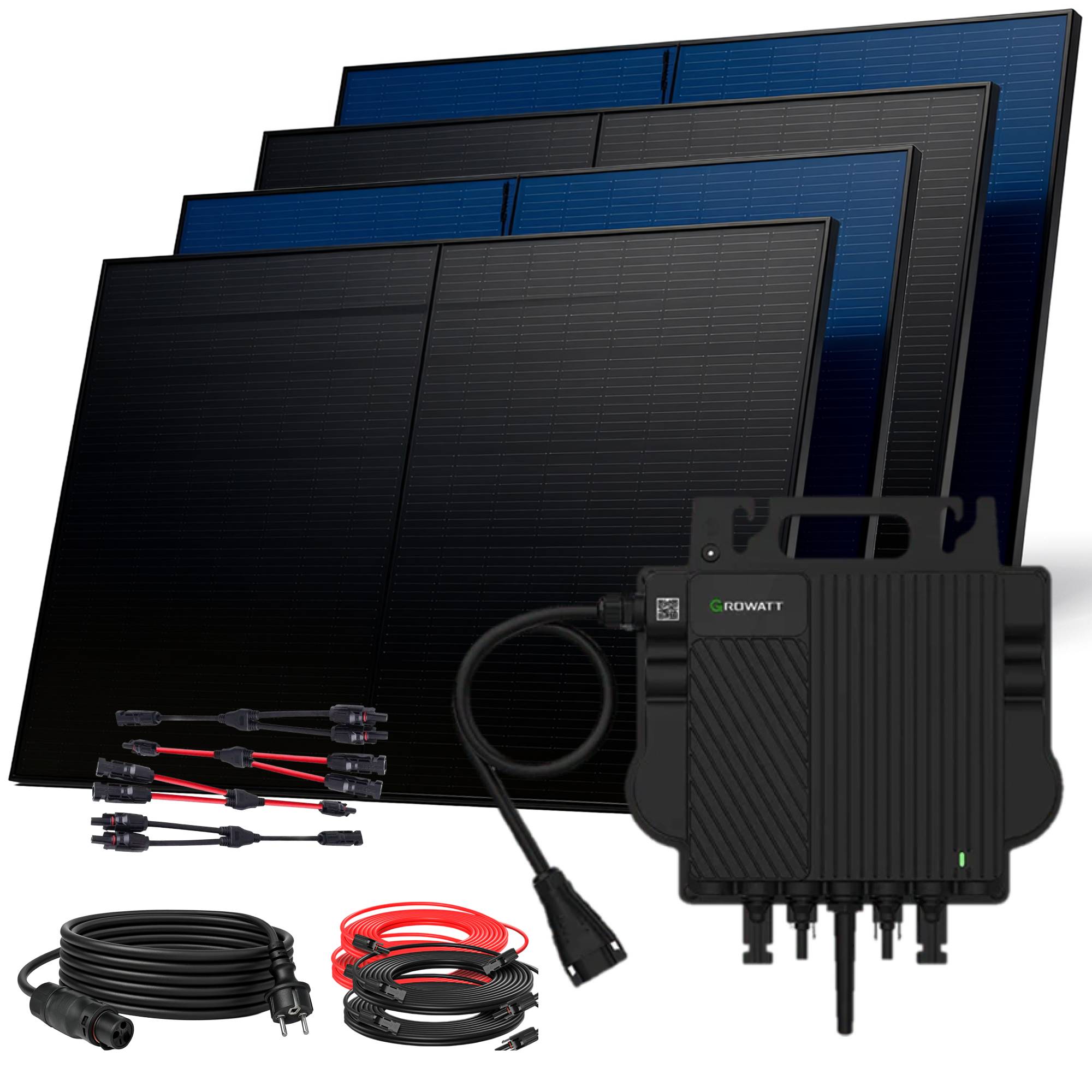 2000W Balkonkraftwerk BIFAZIAL FULLBLACK komplett Steckdose GROWATT 800W Wechselrichter, Solaranlage 4x500W Glas-Glas