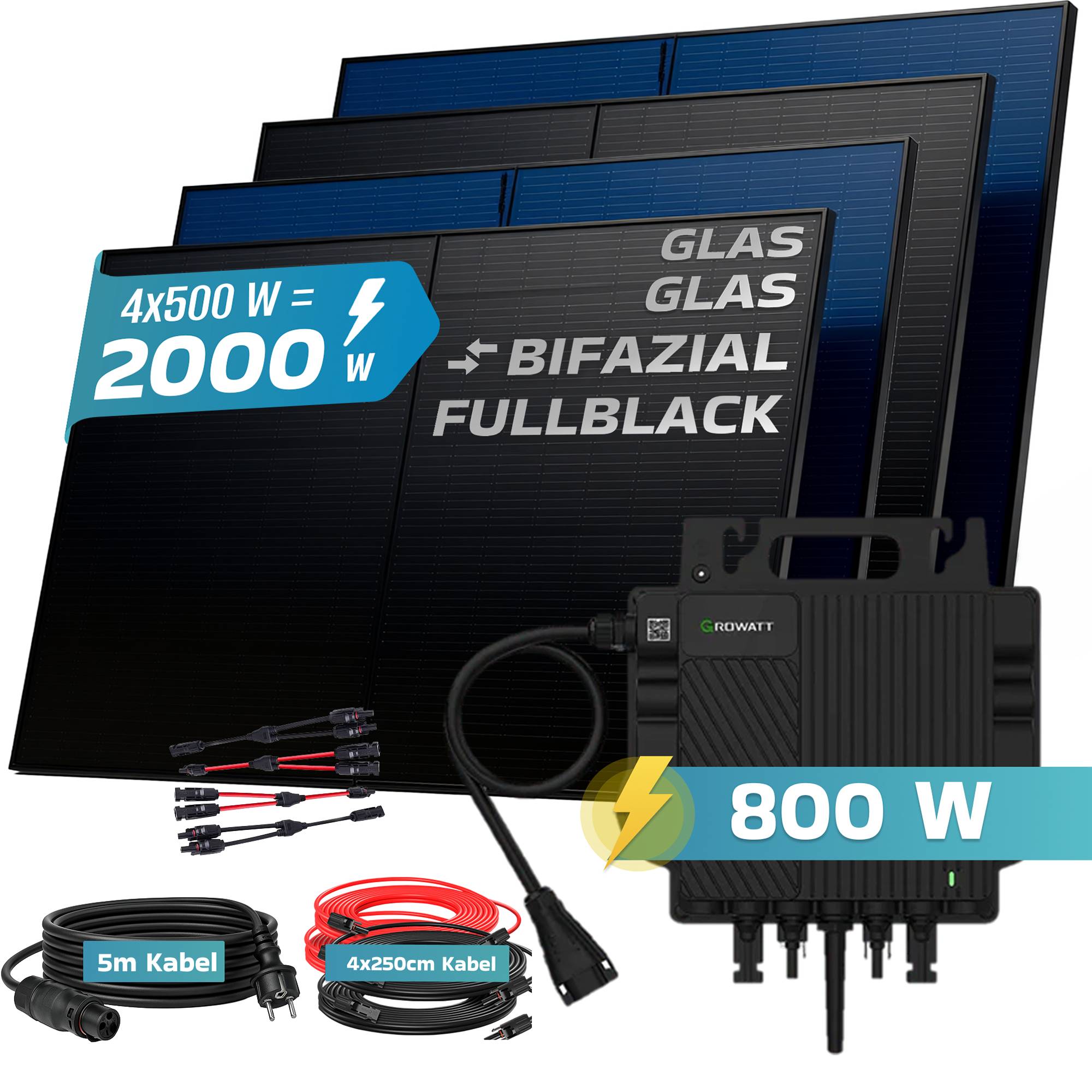 2000W Balkonkraftwerk BIFAZIAL FULLBLACK komplett Steckdose GROWATT 800W Wechselrichter, Solaranlage 4x500W Glas-Glas