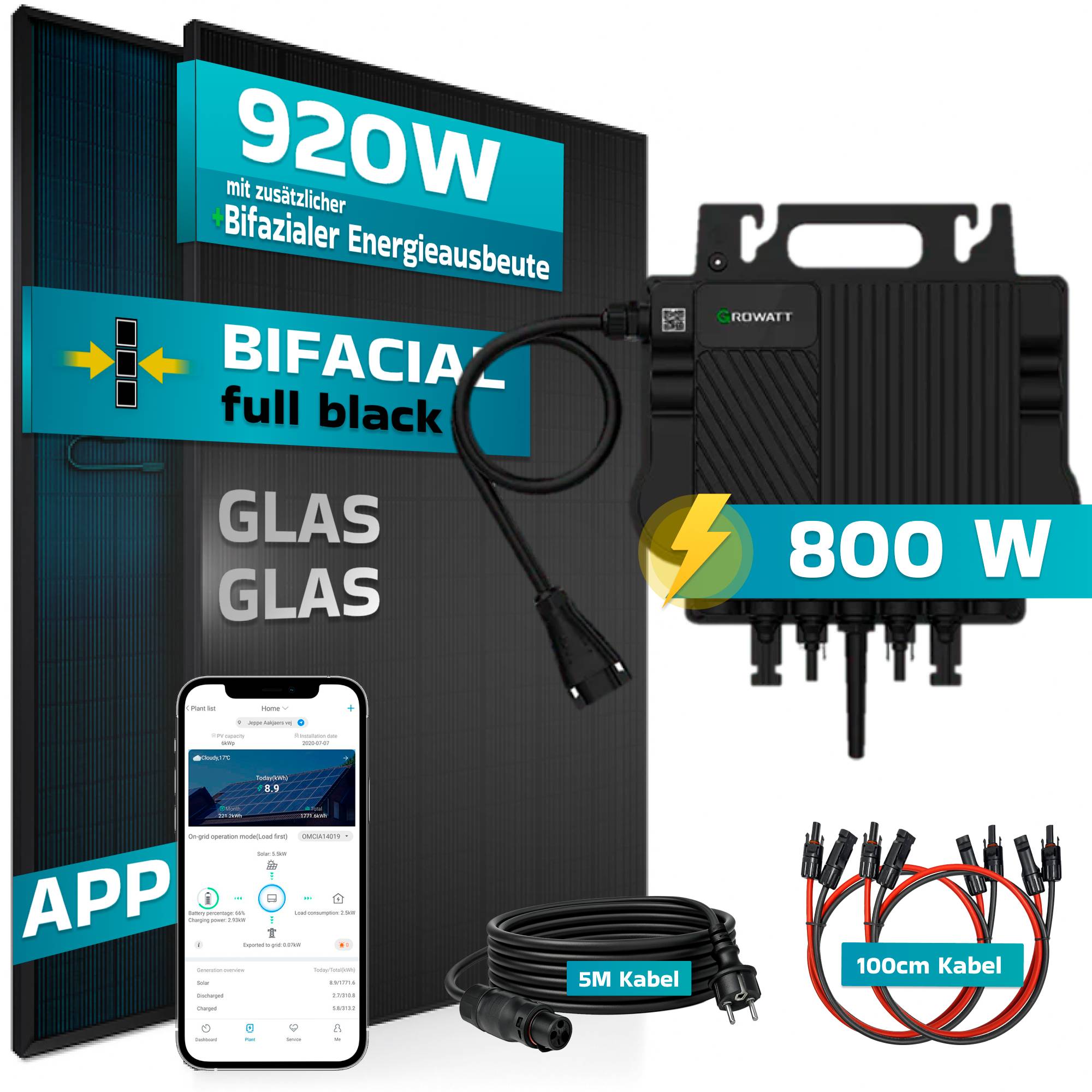 920W Balkonkraftwerk BIFAZIAL FULLBLACK komplett Steckdose GROWATT 800W Wechselrichter, Solaranlage 2x460W Glas-Glas