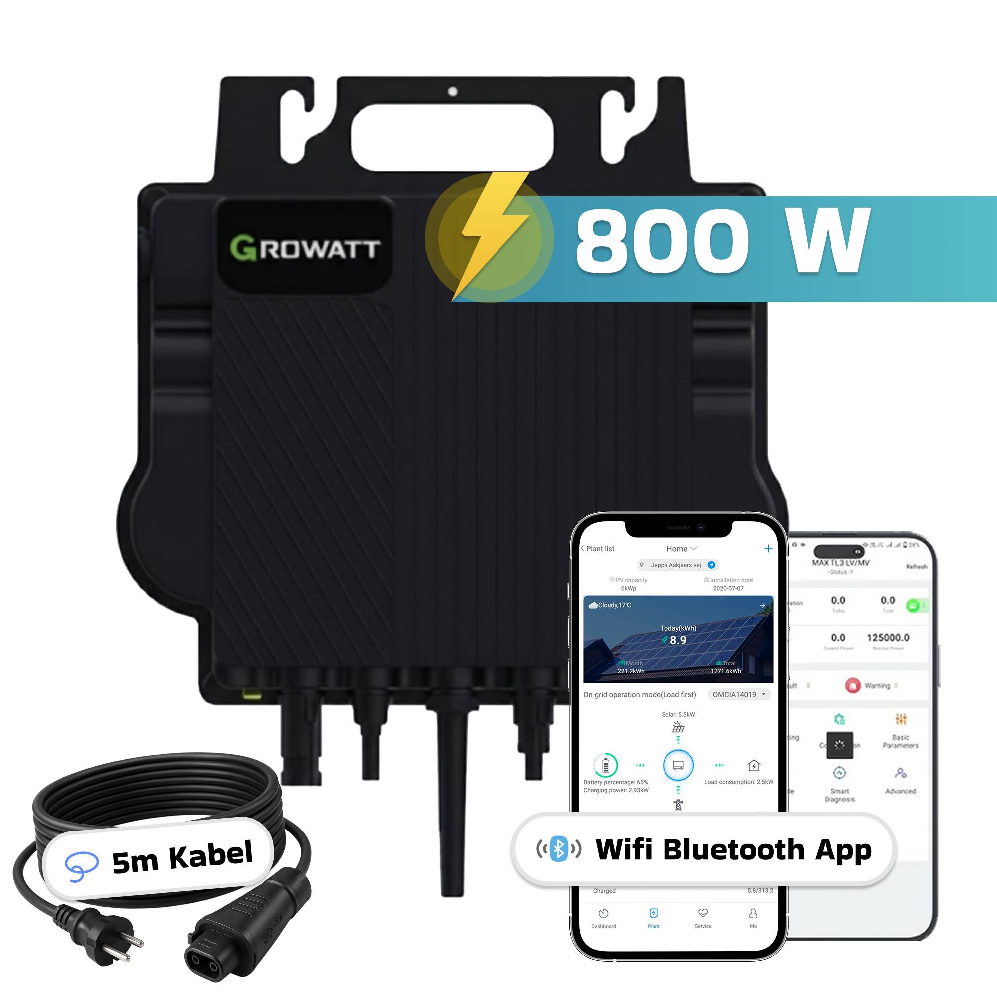 1840W Balkonkraftwerk BIFAZIAL FULLBLACK komplett Steckdose GROWATT 800W Wechselrichter, Solaranlage 4x460W Glas-Glas
