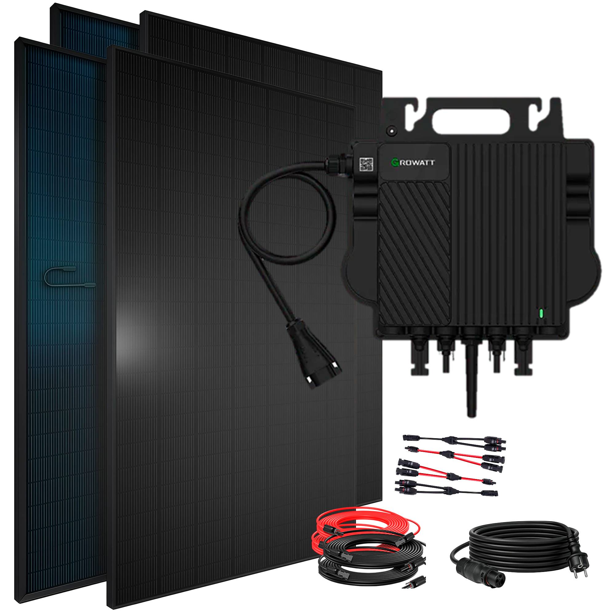 1840W Balkonkraftwerk BIFAZIAL FULLBLACK komplett Steckdose GROWATT 800W Wechselrichter, Solaranlage 4x460W Glas-Glas