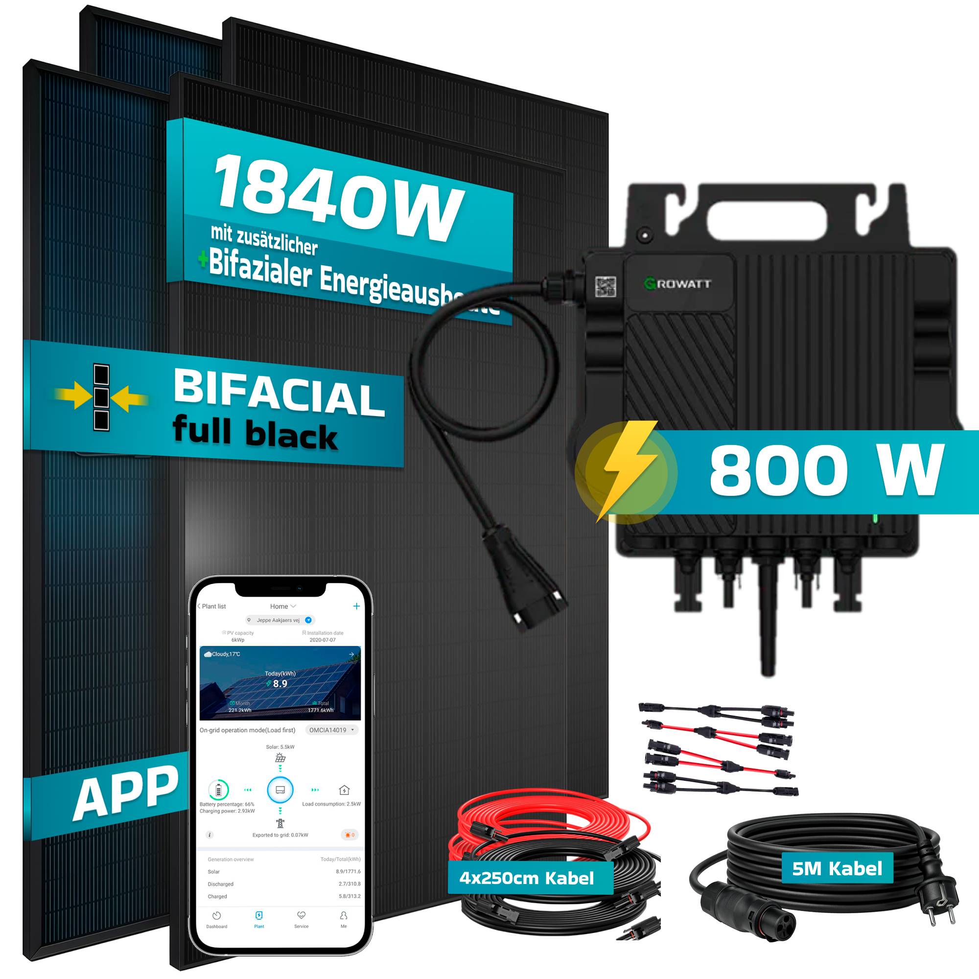 1840W Balkonkraftwerk BIFAZIAL FULLBLACK komplett Steckdose GROWATT 800W Wechselrichter, Solaranlage 4x460W Glas-Glas