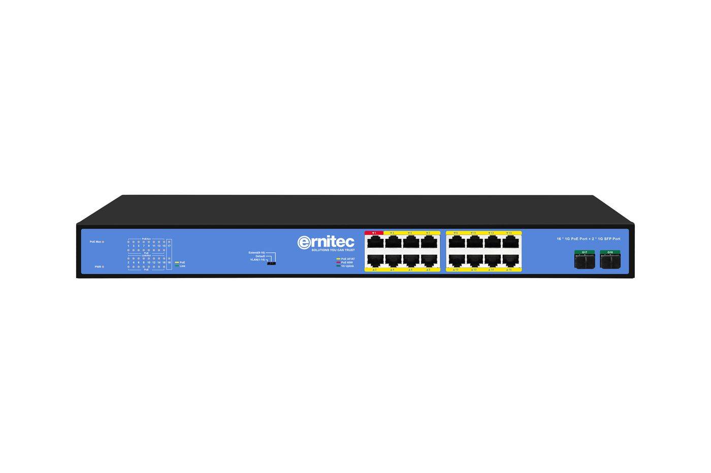 ERNITEC - Unmanaged Intelligent 16 PoE RJ45 ports 2 Gigabit - 1 Gbps - Power over Ethernet