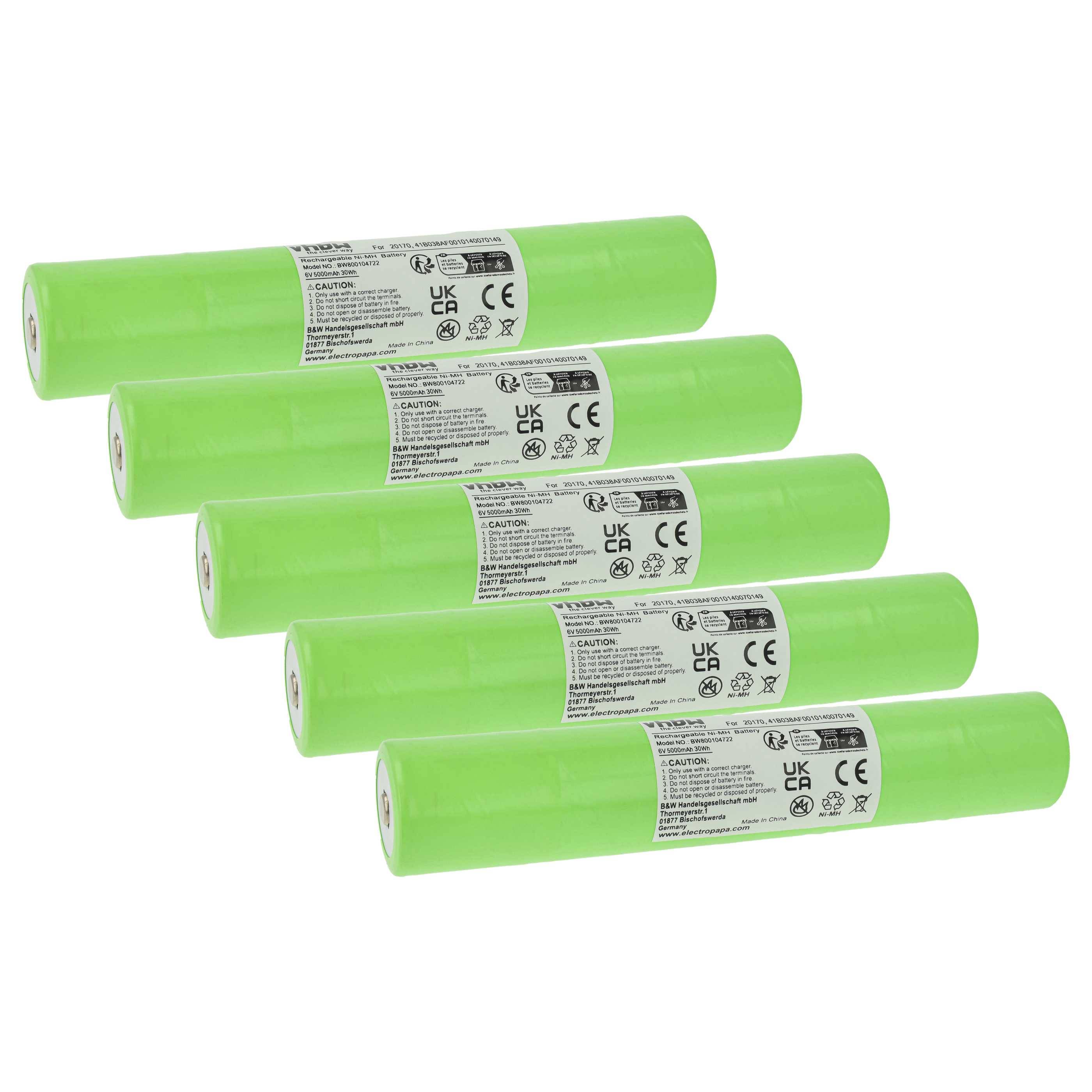 vhbw 5x Akku Ersatz für ET2600D, 40070249, ESR4EE3060, 41B038AF0010140070149 für Taschenlampe Kopflampe (5000 mAh, 6 V