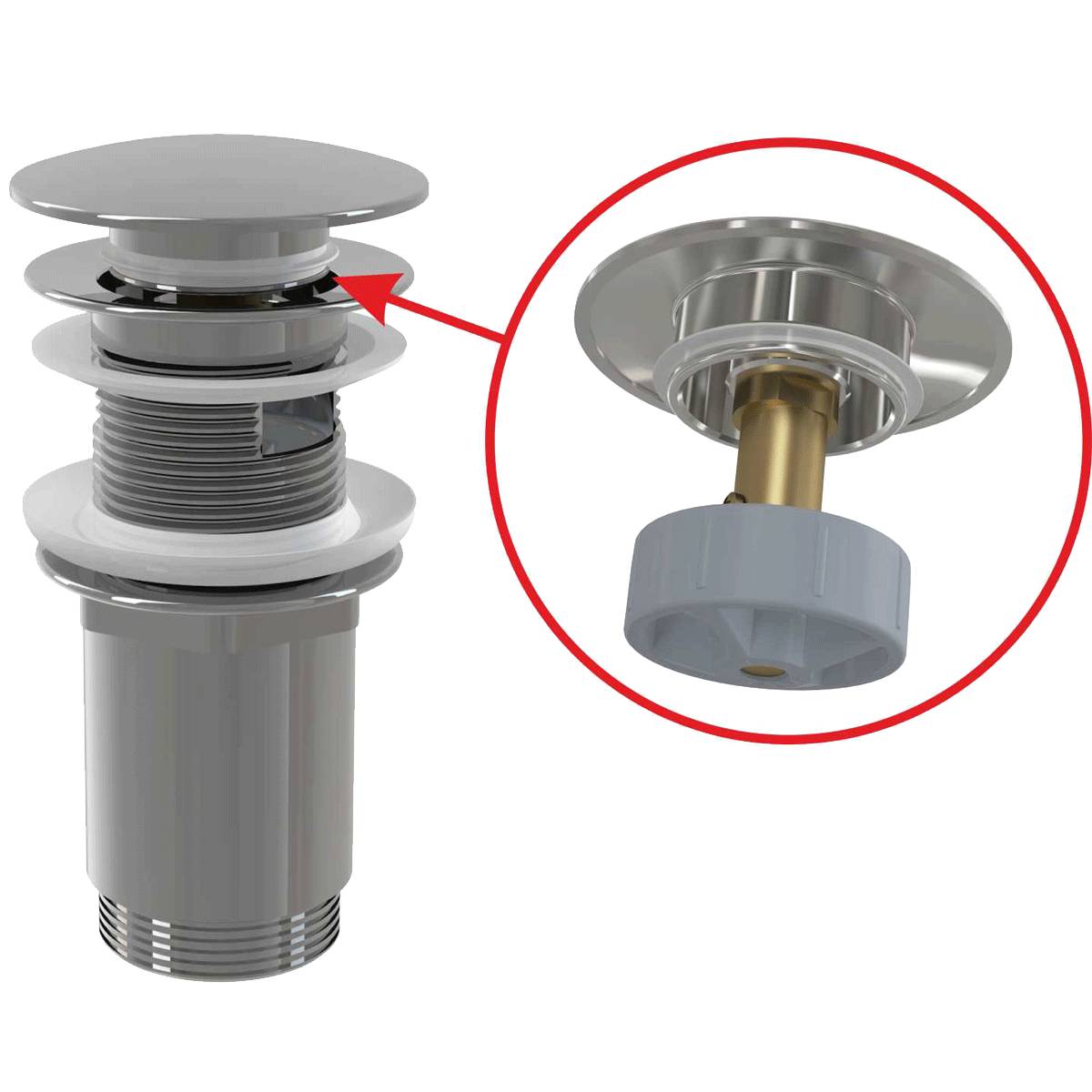Alcadrain Ablaufventil für Waschbecken CLICK/CLACK 5/4" Ganzmetal mit Überlauf, großer Stopfen