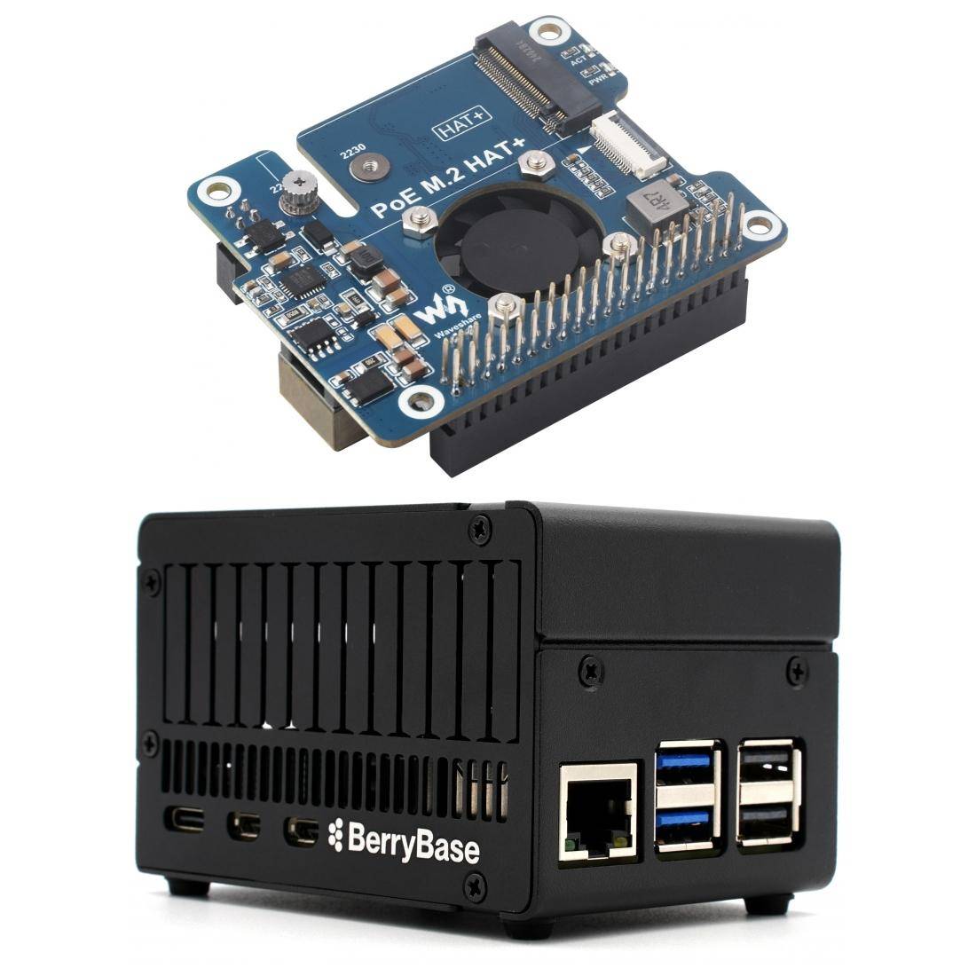 BerryBase NVMe-PoE-Bundle für Raspberry Pi 5, 2230, PCIE 3.0 SSD, 256GB, M.2 HAT+, Aluminiumgehäuse