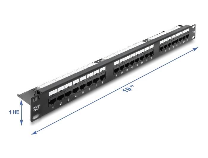 Delock 19" 1 HE Patchpanel 24 Port Cat.6 mit LED und Entlastungsschiene ungeschirmt