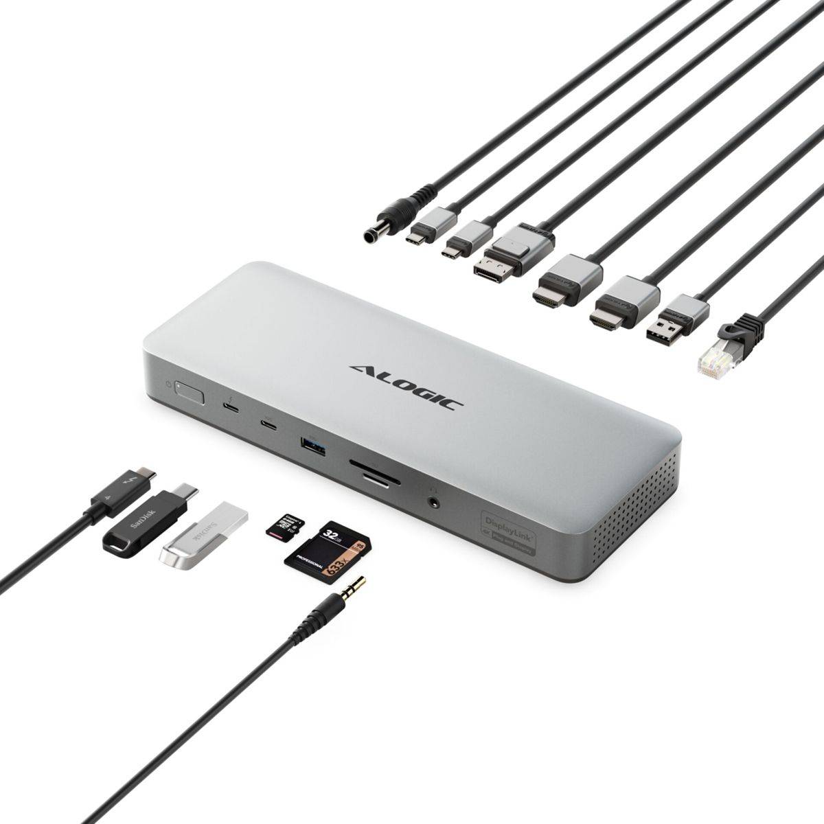 Alogic TB4DU4, Kabelgebunden, Thunderbolt, 3,5 mm, Grau, Schwarz, SD, MicroSD (TransFlash),